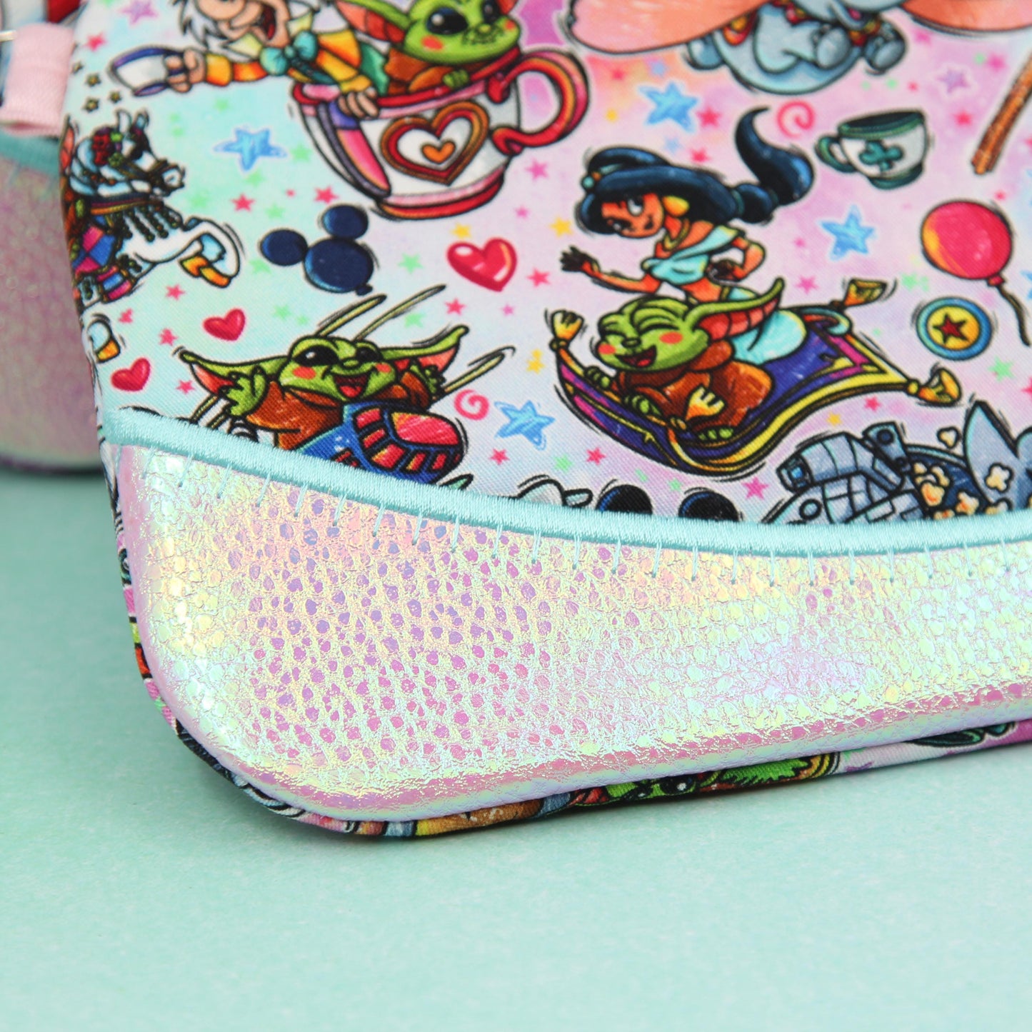 Baby Grogu Rides Pink Iridescent Pixie Clutch, Handmade Zipper Bag, Star Wars-Inspired, Phone Clutch Bag, Travel Makeup Organizer