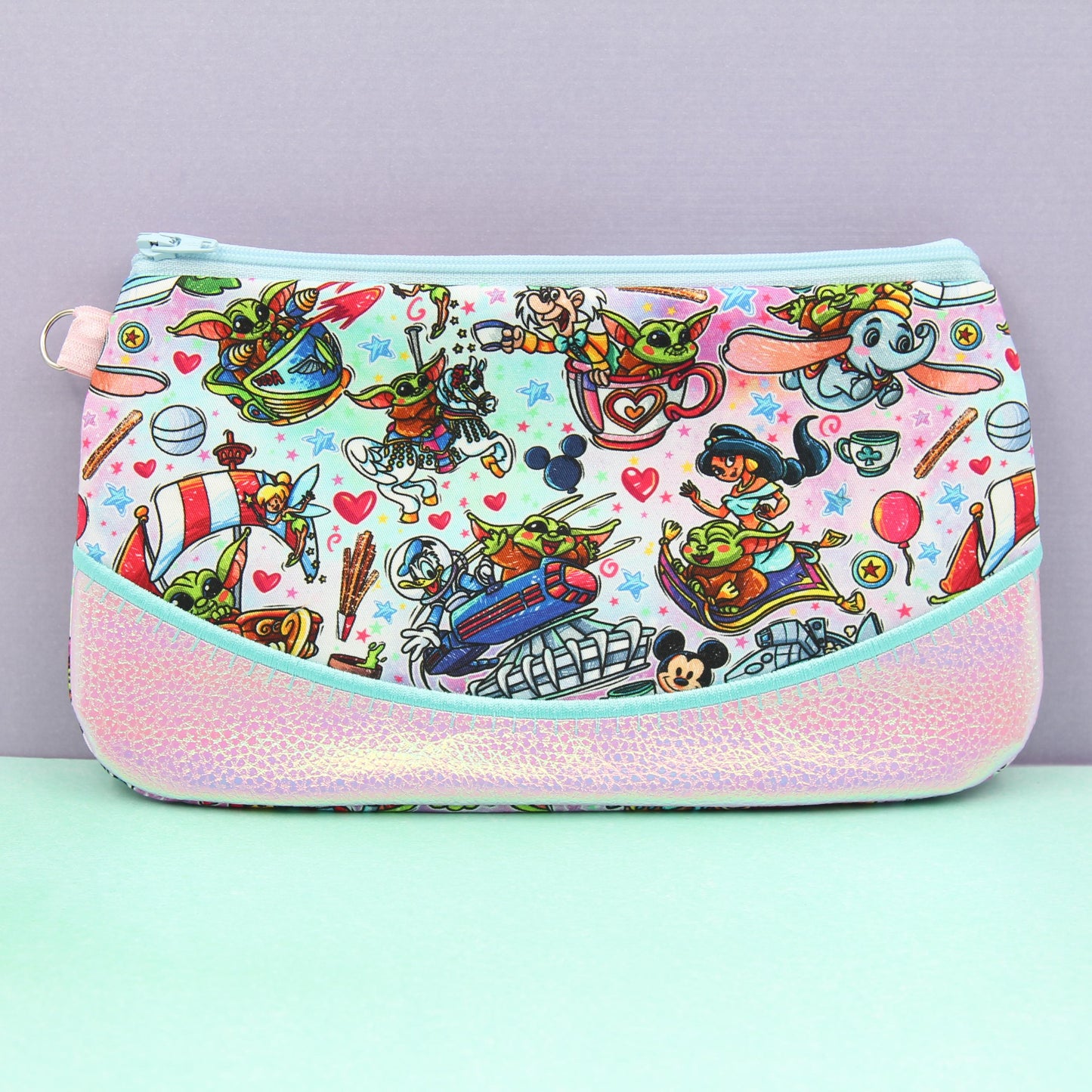 Baby Grogu Rides Pink Iridescent Pixie Clutch, Handmade Zipper Bag, Star Wars-Inspired, Phone Clutch Bag, Travel Makeup Organizer
