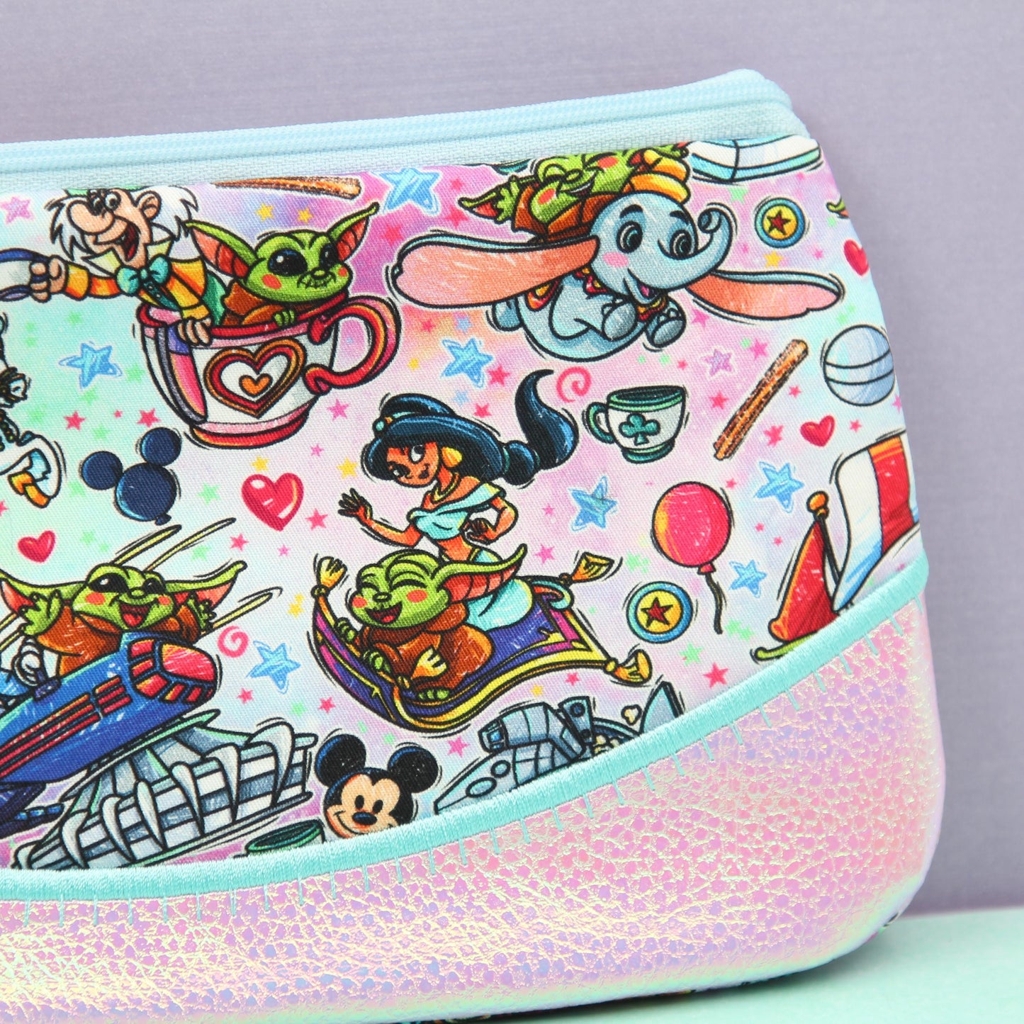 Baby Grogu Rides Pink Iridescent Pixie Clutch, Handmade Zipper Bag, Star Wars-Inspired, Phone Clutch Bag, Travel Makeup Organizer