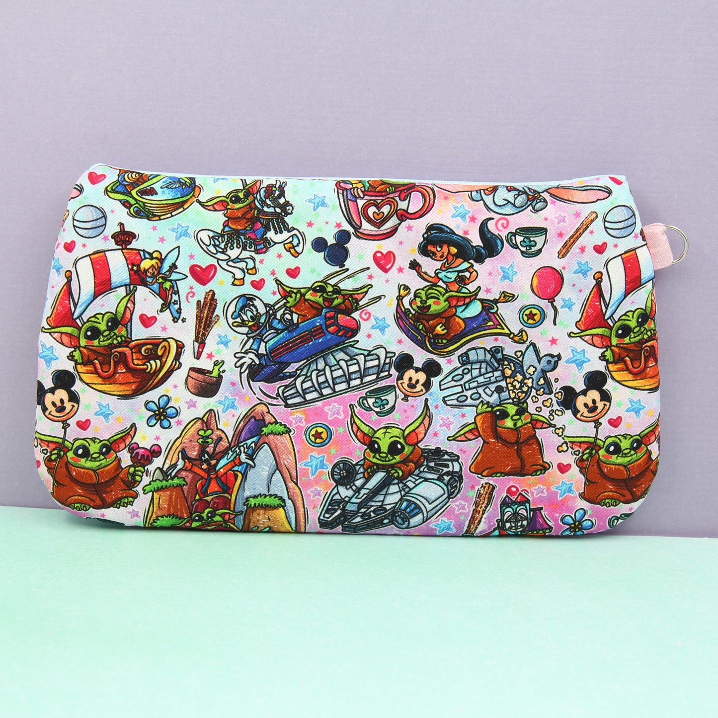 Baby Grogu Rides Pink Iridescent Pixie Clutch, Handmade Zipper Bag, Star Wars-Inspired, Phone Clutch Bag, Travel Makeup Organizer
