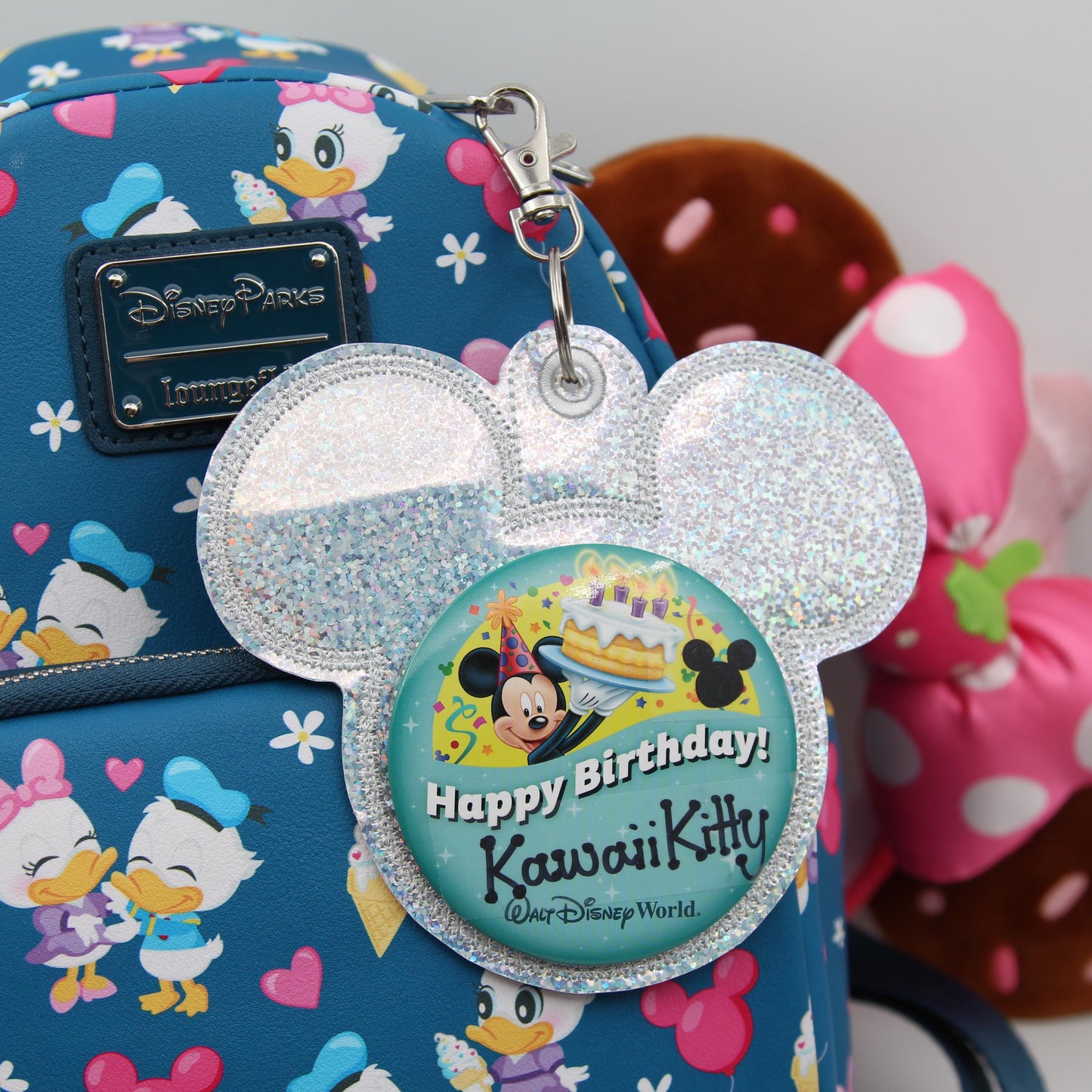 Silver Glitter Vinyl - Mouse Backer Keychain for 3” Celebration Buttons - Embroidered Badge Holder - Backpack Charm - Theme Park Accessory