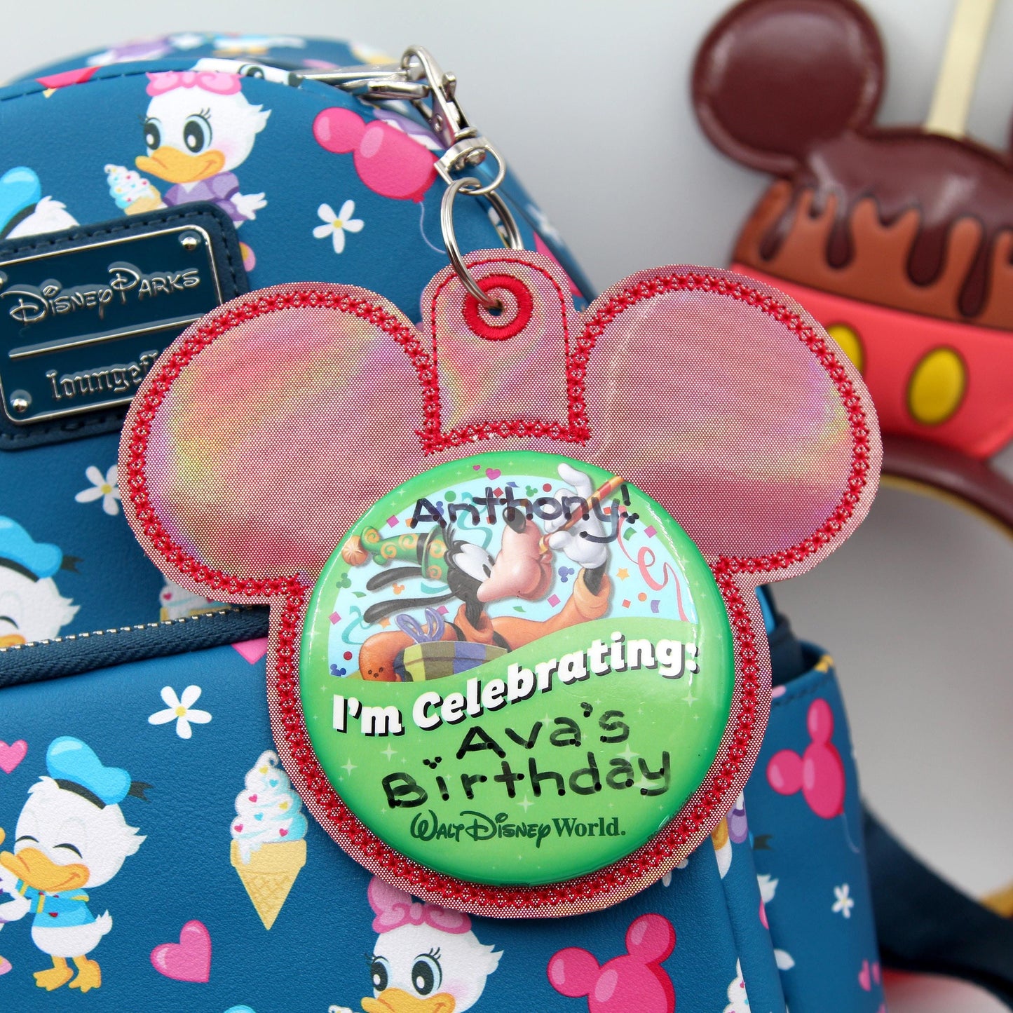 Red Rainbow Holographic Vinyl - Mouse Backer Keychain for 3” Celebration Buttons - Badge Holder - Backpack Charm - Theme Park Accessory
