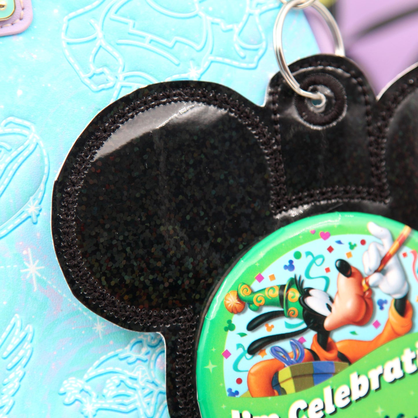 Black Rainbow Holographic Vinyl - Mouse Backer Keychain for 3” Celebration Buttons - Badge Holder - Backpack Charm - Theme Park Accessory
