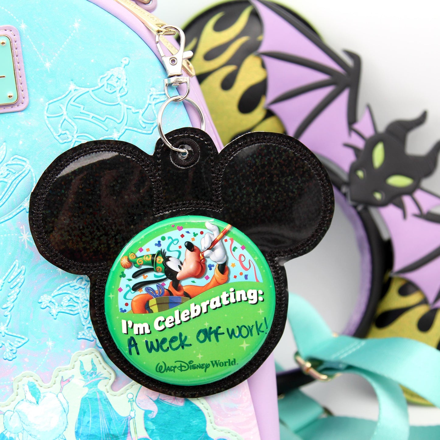 Black Rainbow Holographic Vinyl - Mouse Backer Keychain for 3” Celebration Buttons - Badge Holder - Backpack Charm - Theme Park Accessory