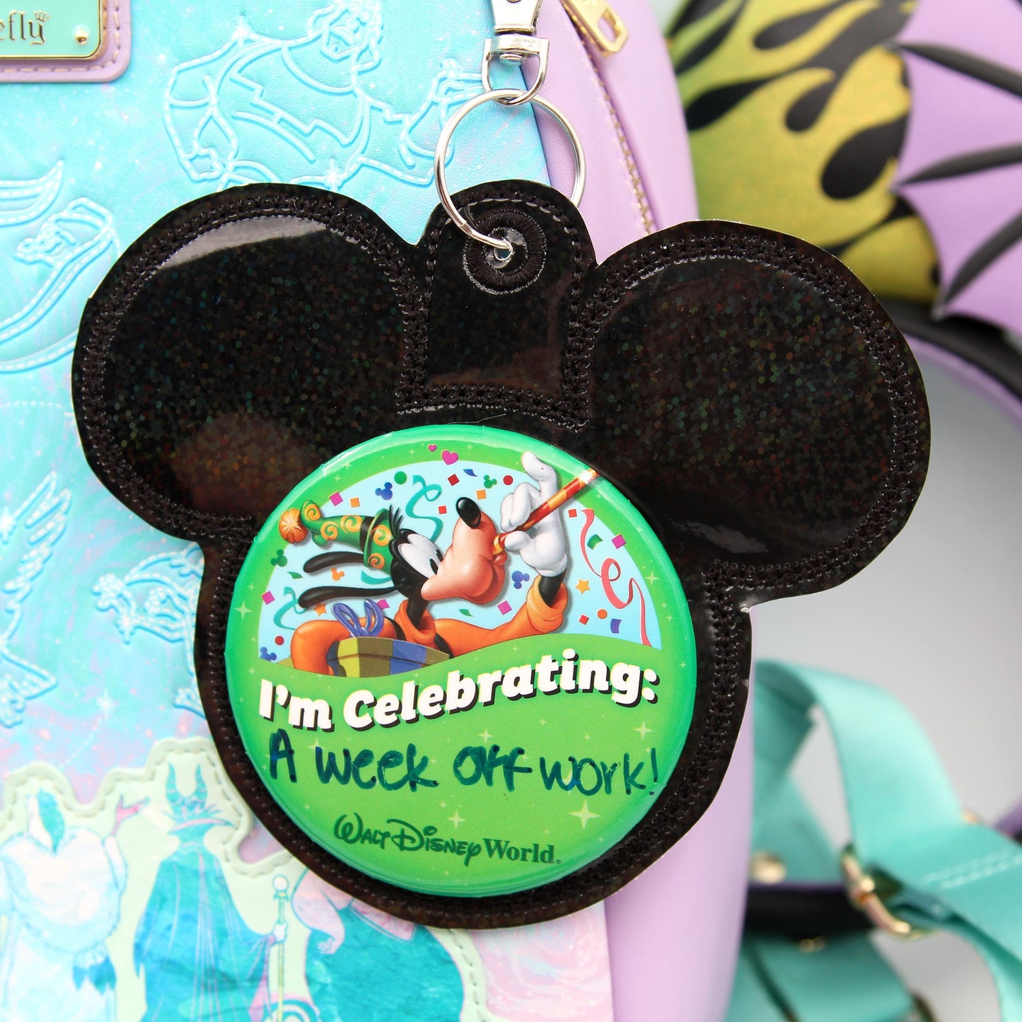 Black Rainbow Holographic Vinyl - Mouse Backer Keychain for 3” Celebration Buttons - Badge Holder - Backpack Charm - Theme Park Accessory