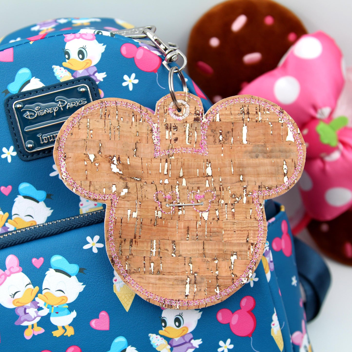 Hot Pink Glitter Vinyl - Mouse Backer Keychain for 3” Celebration Buttons - Embroidered Badge Holder - Backpack Charm - Theme Park Accessory