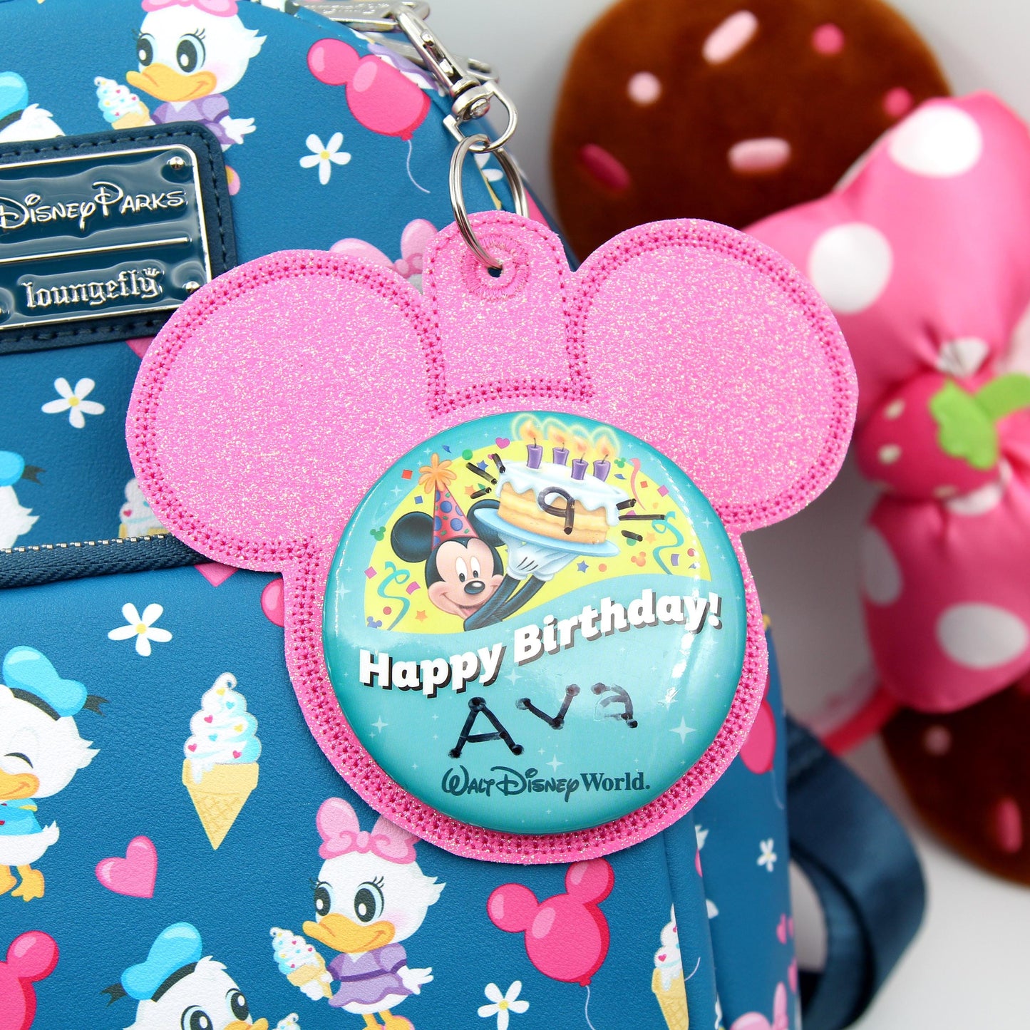 Hot Pink Glitter Vinyl - Mouse Backer Keychain for 3” Celebration Buttons - Embroidered Badge Holder - Backpack Charm - Theme Park Accessory