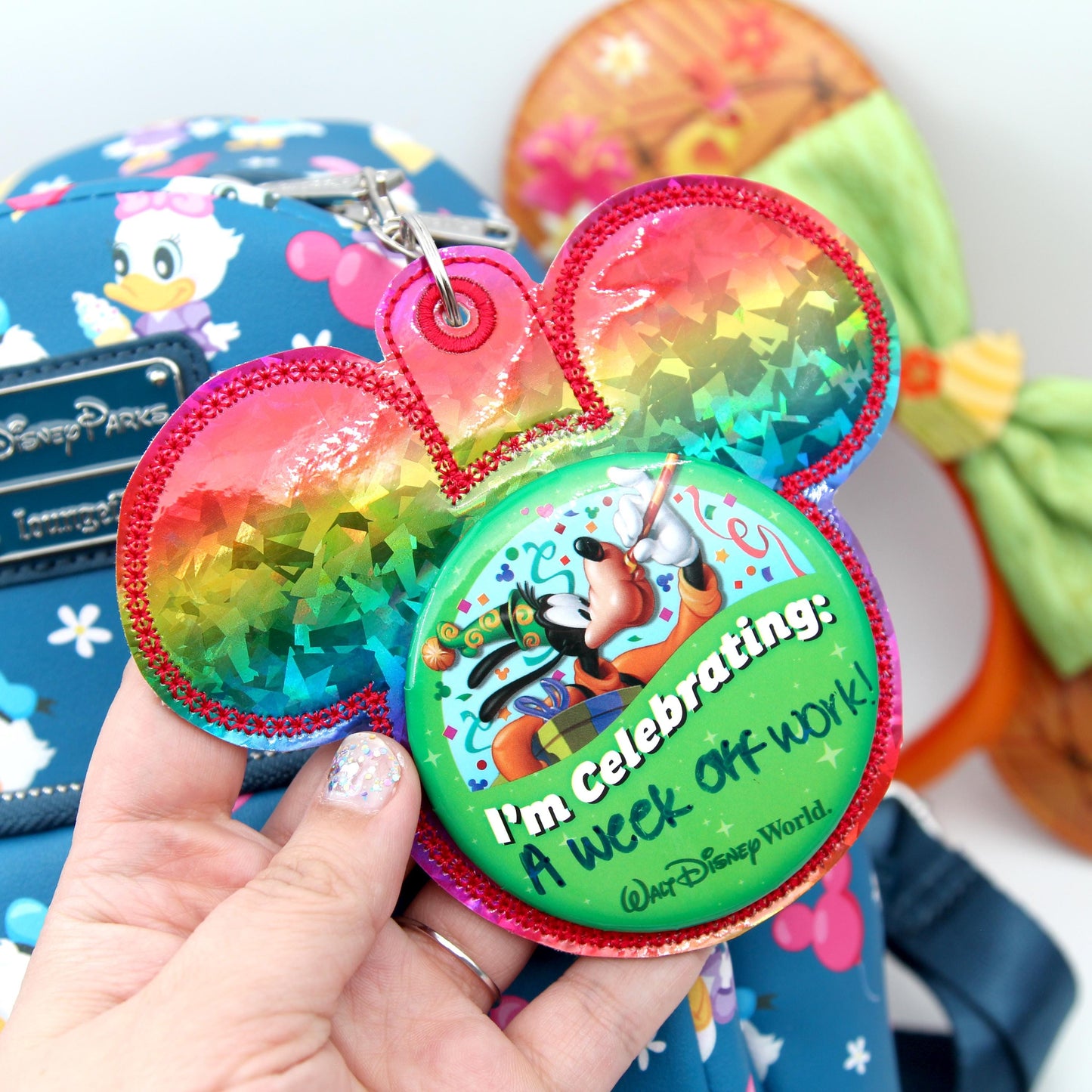 Rainbow Holographic Vinyl - Mouse Backer Keychain for 3” Celebration Buttons - Badge Holder - Backpack Charm - Theme Park Accessory