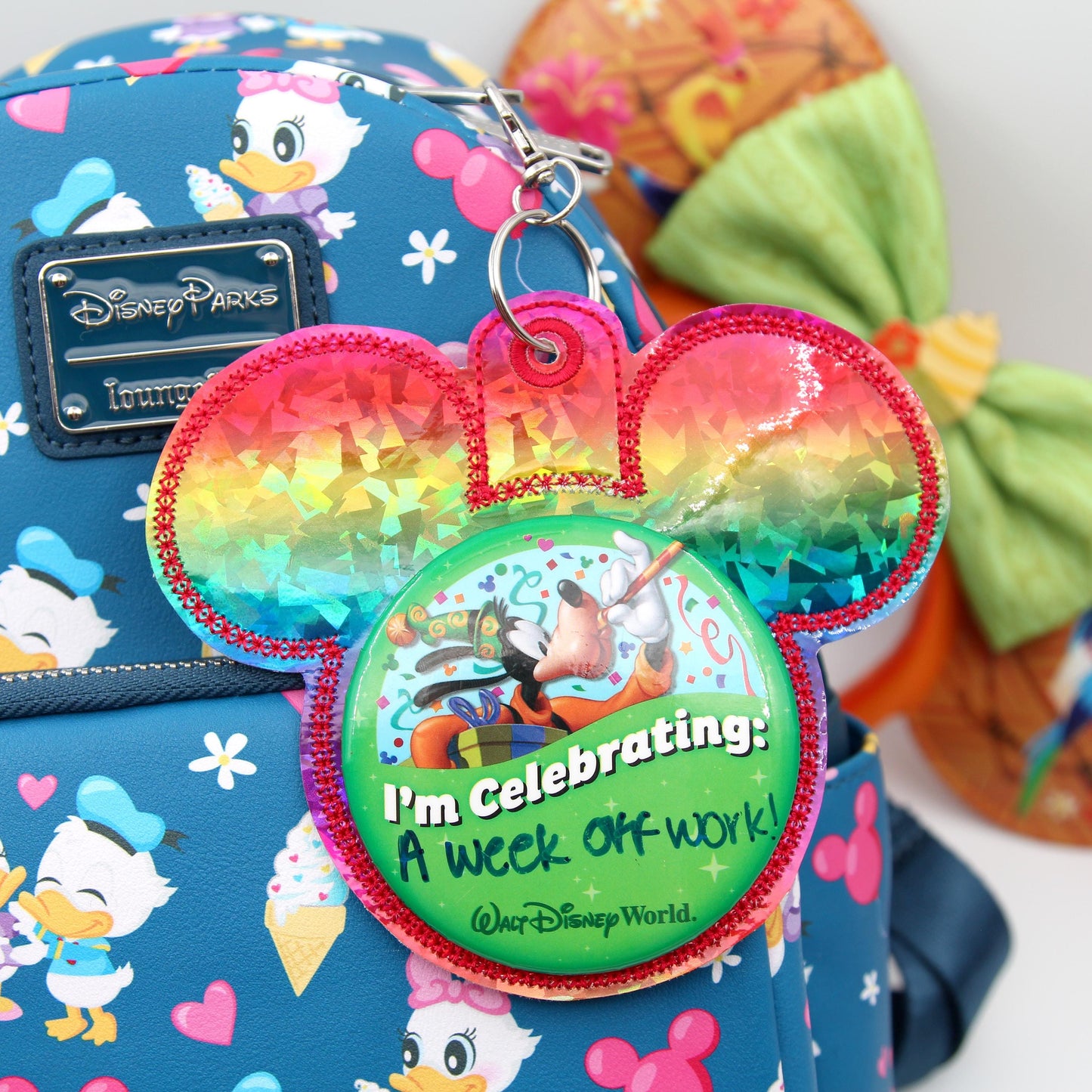 Rainbow Holographic Vinyl - Mouse Backer Keychain for 3” Celebration Buttons - Badge Holder - Backpack Charm - Theme Park Accessory