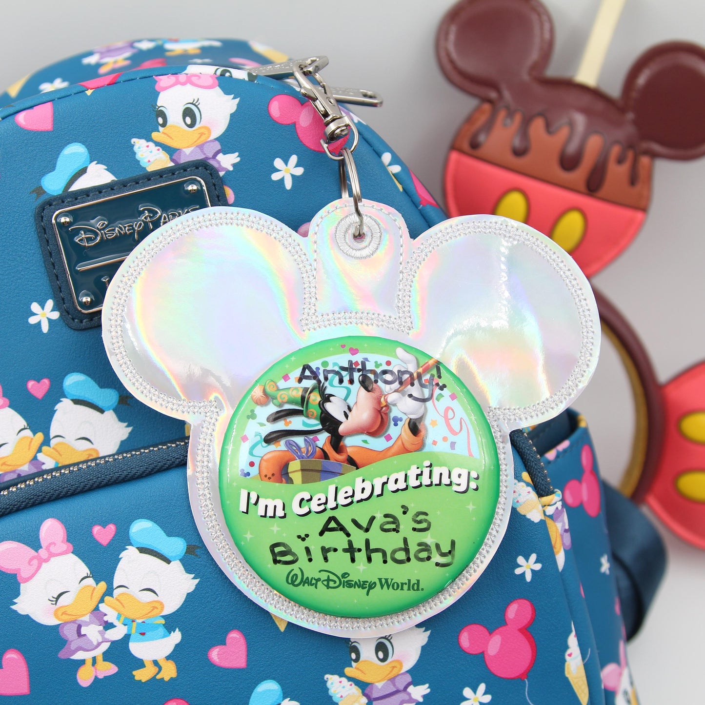 Silver Holographic Vinyl - Mouse Backer Keychain for 3” Celebration Buttons - Badge Holder - Backpack Charm - Theme Park Accessory