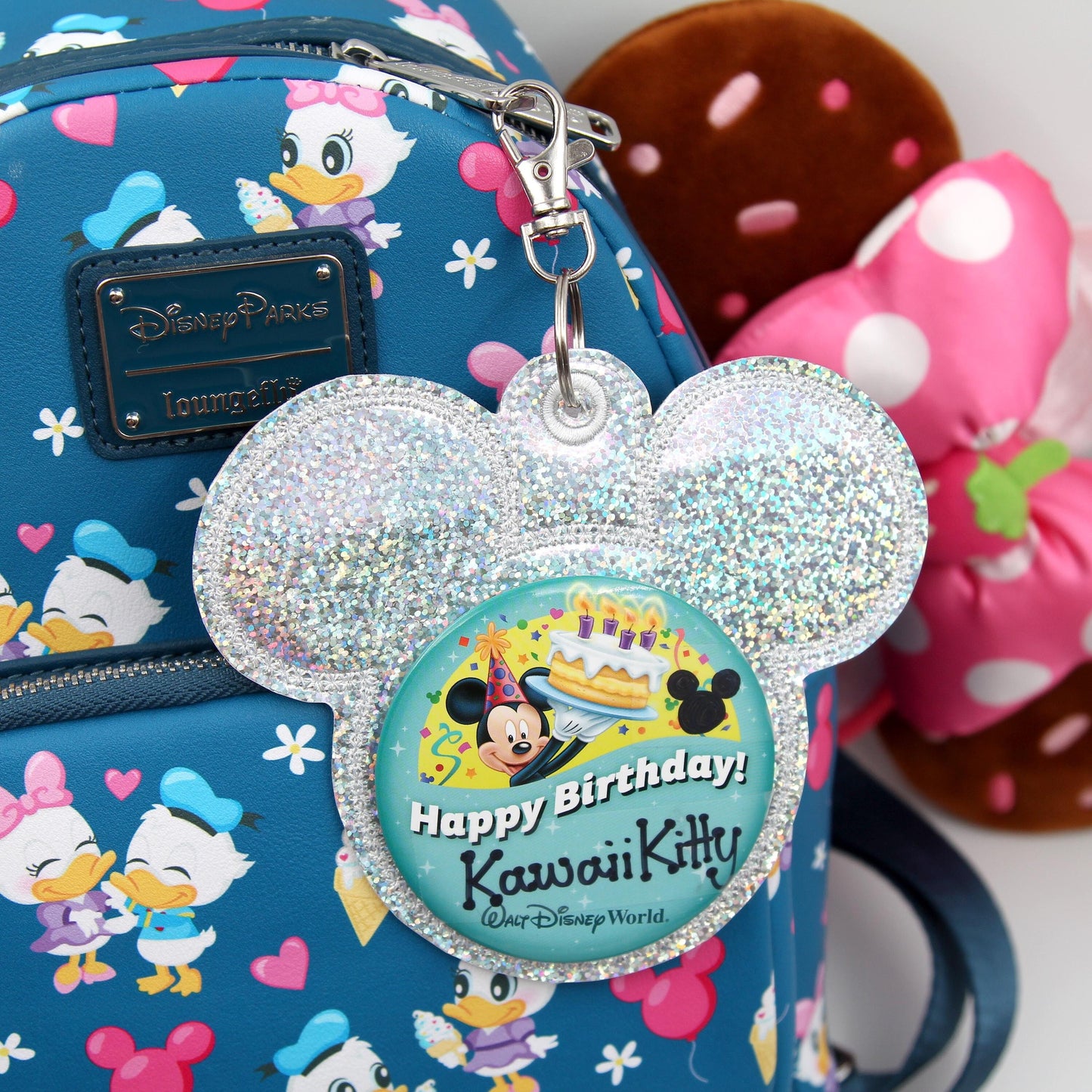 Silver Glitter Vinyl - Mouse Backer Keychain for 3” Celebration Buttons - Embroidered Badge Holder - Backpack Charm - Theme Park Accessory