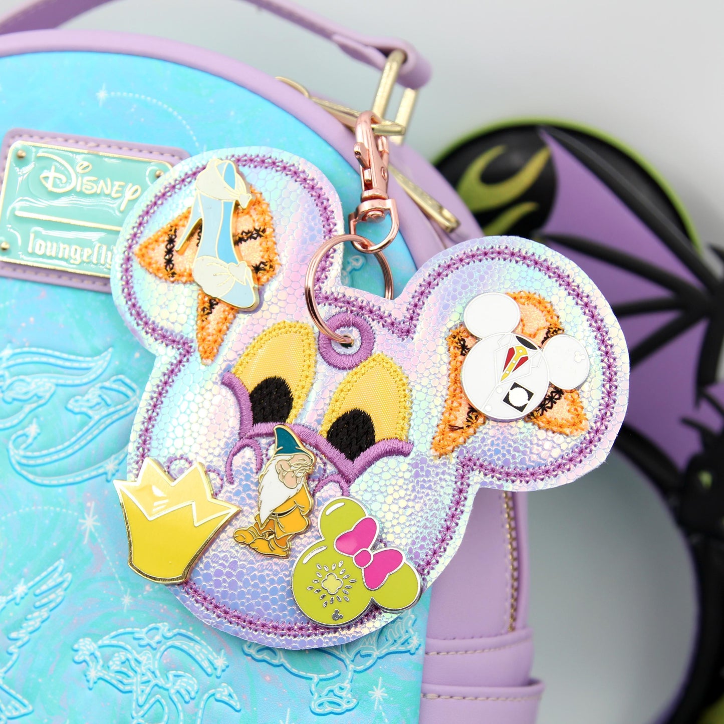 Iridescent Dragon Figment-Inspired Pin Trading Keychain β Handmade Embroidered Pin Holder with Cork Backing for Enamel Pins - Theme Park Pin