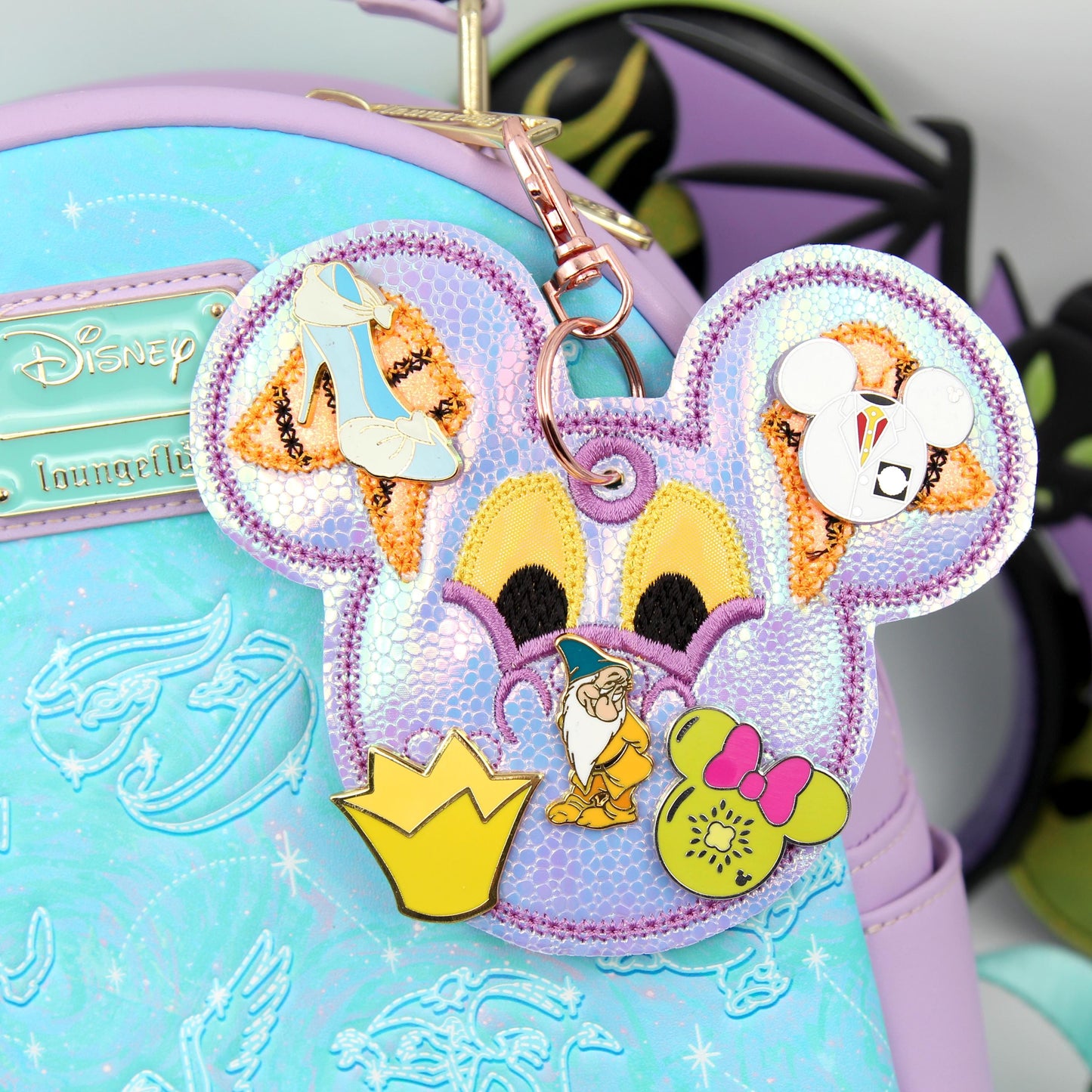 Iridescent Dragon Figment-Inspired Pin Trading Keychain β Handmade Embroidered Pin Holder with Cork Backing for Enamel Pins - Theme Park Pin