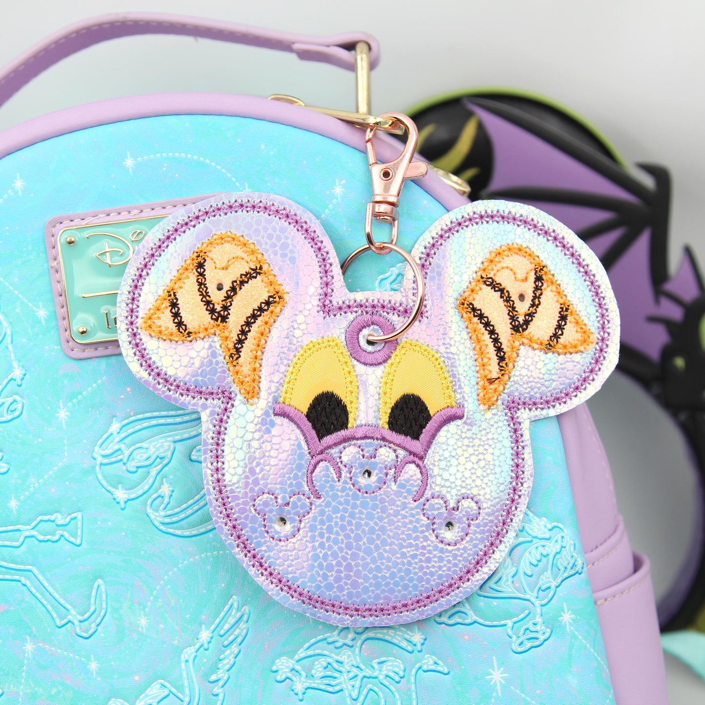 Iridescent Dragon Figment-Inspired Pin Trading Keychain β Handmade Embroidered Pin Holder with Cork Backing for Enamel Pins - Theme Park Pin