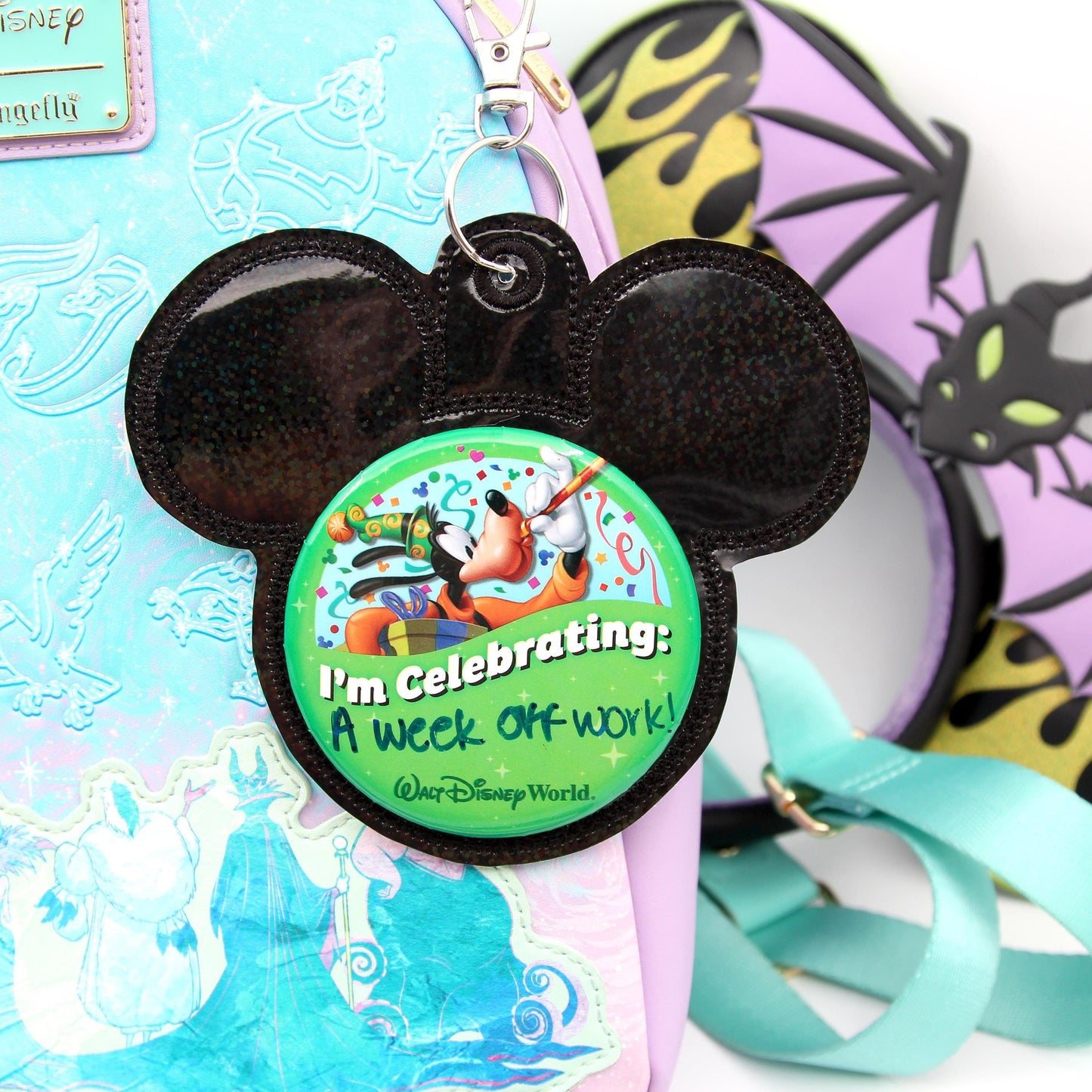 Black Rainbow Holographic Vinyl - Mouse Backer Keychain for 3” Celebration Buttons - Badge Holder - Backpack Charm - Theme Park Accessory