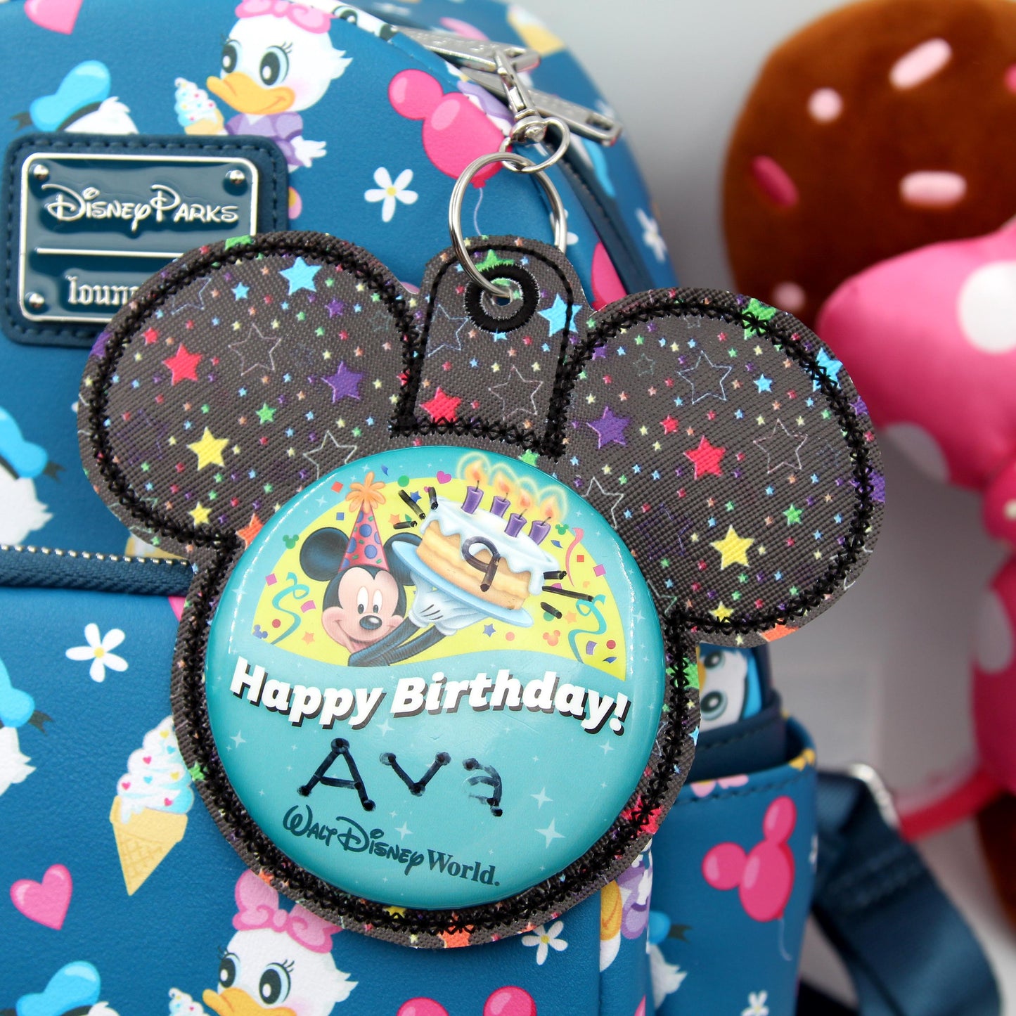 Star Mouse Backer Keychain for 3” Celebration Buttons - Embroidered Badge Holder - Backpack Charm - Theme Park Accessory - Birthday Trip