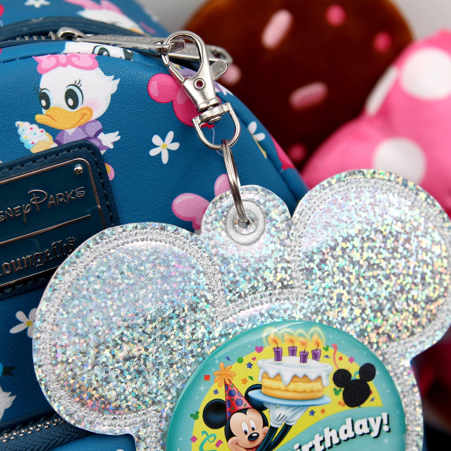 Silver Glitter Vinyl - Mouse Backer Keychain for 3” Celebration Buttons - Embroidered Badge Holder - Backpack Charm - Theme Park Accessory