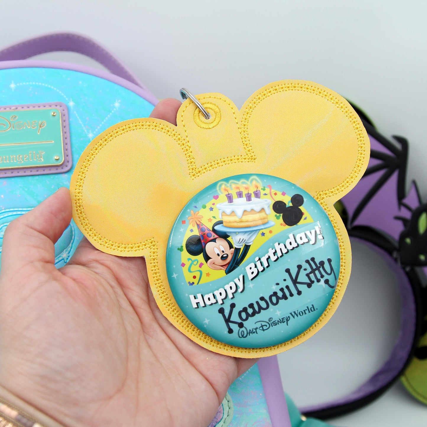 Yellow Rainbow Holographic Vinyl - Mouse Backer Keychain for 3” Celebration Buttons - Badge Holder - Backpack Charm - Theme Park Accessory
