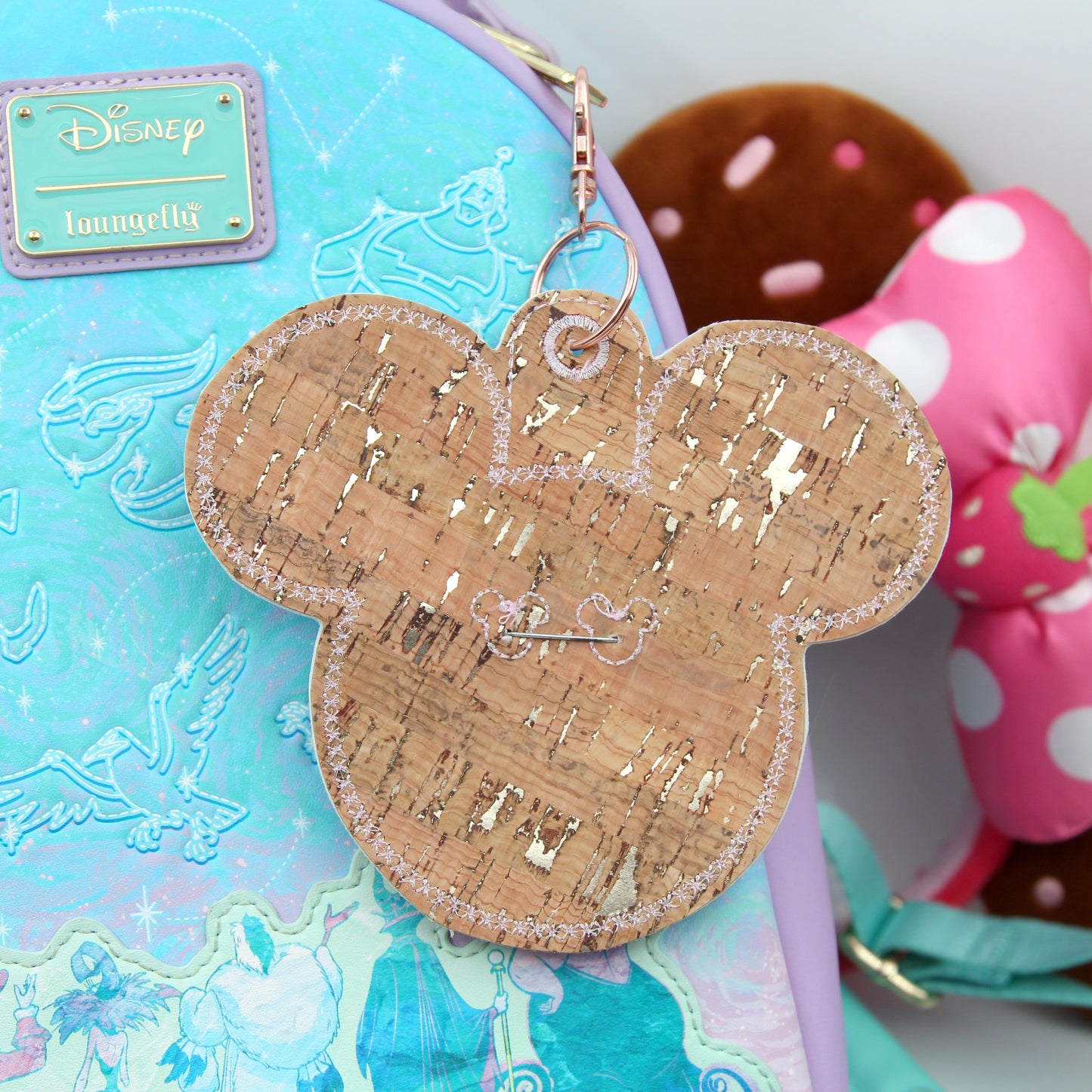 Baby Pink Iridescent Vinyl - Mouse Backer Keychain for 3β Celebration Buttons - Badge Holder - Backpack Charm - Theme Park Accessory