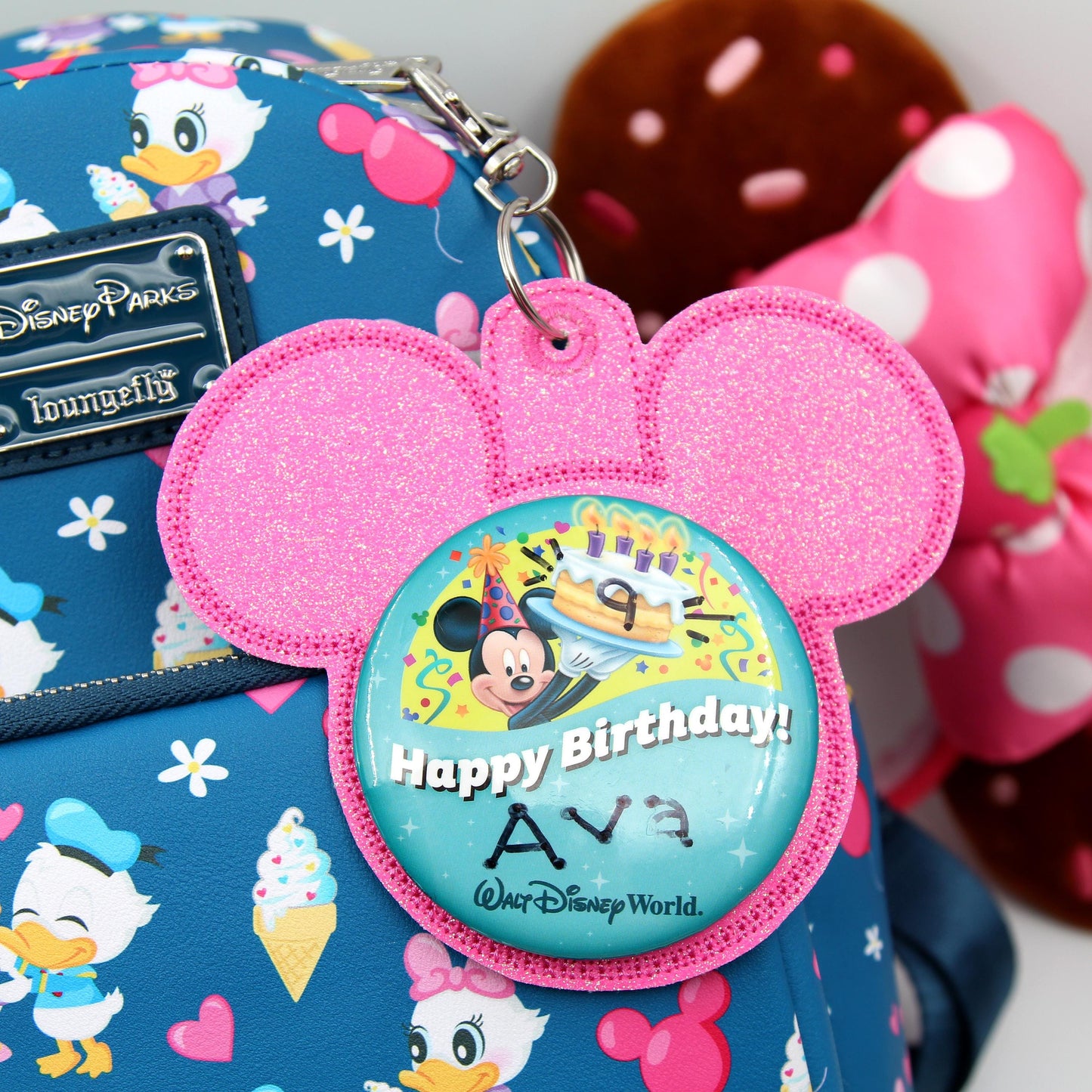 Hot Pink Glitter Vinyl - Mouse Backer Keychain for 3” Celebration Buttons - Embroidered Badge Holder - Backpack Charm - Theme Park Accessory