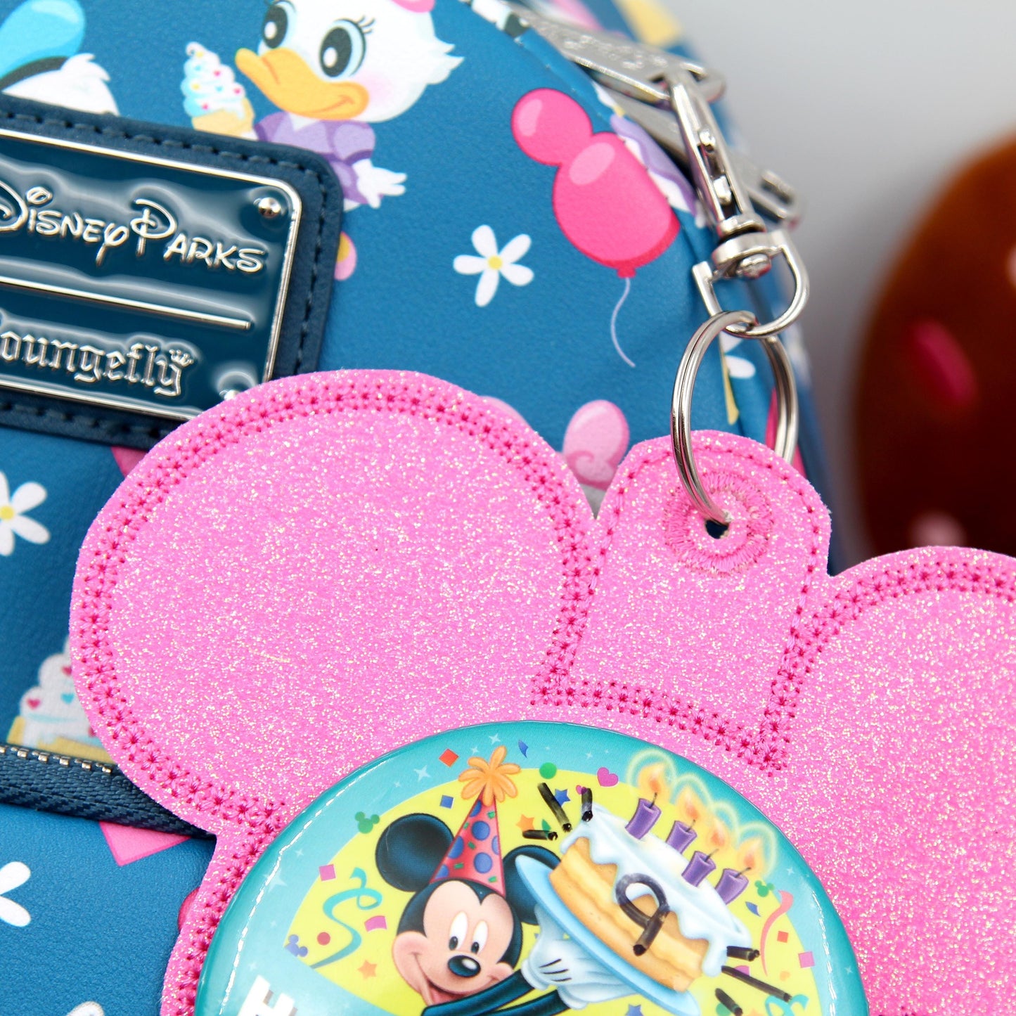 Hot Pink Glitter Vinyl - Mouse Backer Keychain for 3” Celebration Buttons - Embroidered Badge Holder - Backpack Charm - Theme Park Accessory
