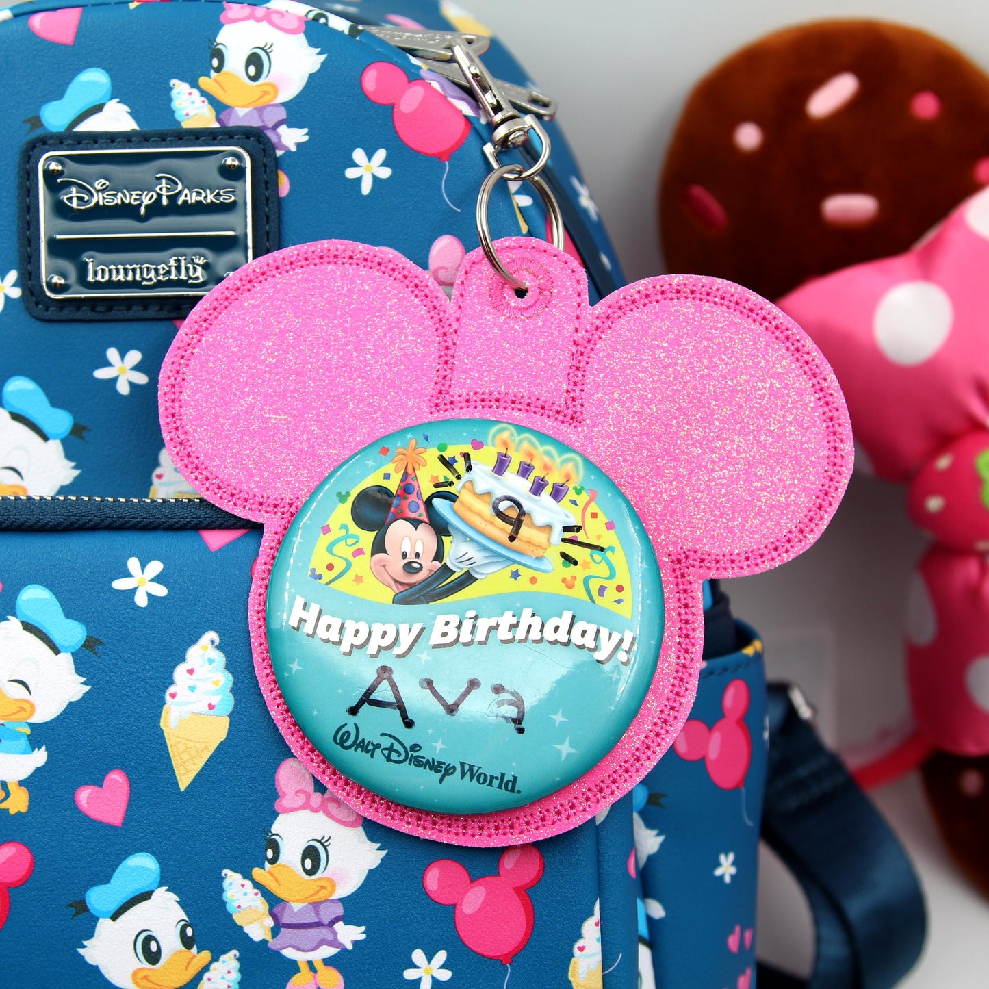 Hot Pink Glitter Vinyl - Mouse Backer Keychain for 3” Celebration Buttons - Embroidered Badge Holder - Backpack Charm - Theme Park Accessory