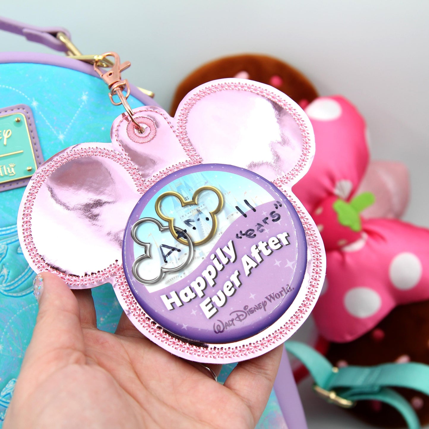 Rose Foil Mouse Button Holder – 3” Celebration Button Backer – Keychain & Badge Clip – Park Button Accessory – Backpack Charm - Park Bag