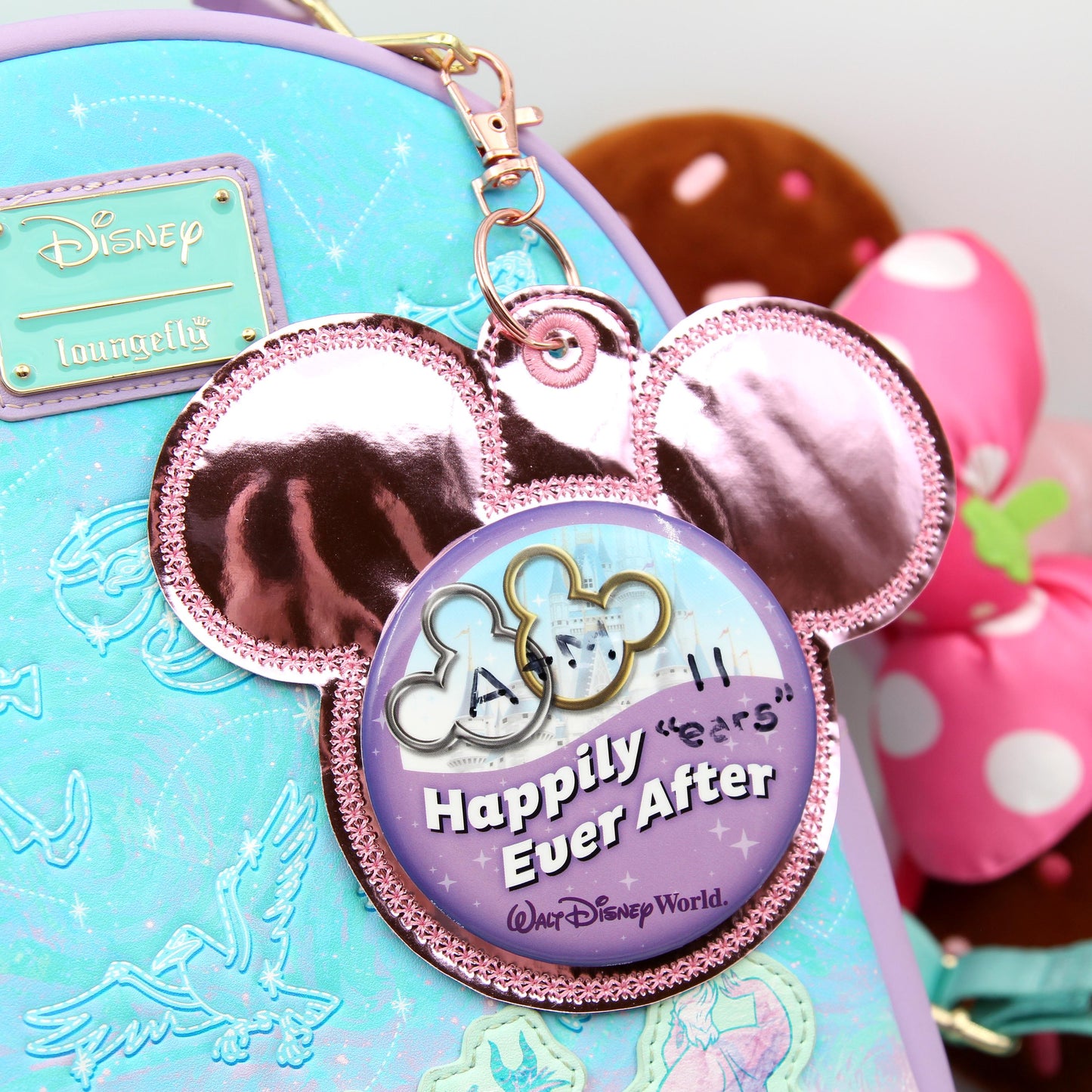 Rose Foil Mouse Button Holder – 3” Celebration Button Backer – Keychain & Badge Clip – Park Button Accessory – Backpack Charm - Park Bag