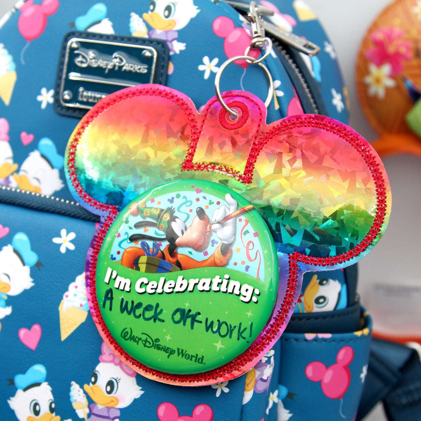 Rainbow Holographic Vinyl - Mouse Backer Keychain for 3” Celebration Buttons - Badge Holder - Backpack Charm - Theme Park Accessory