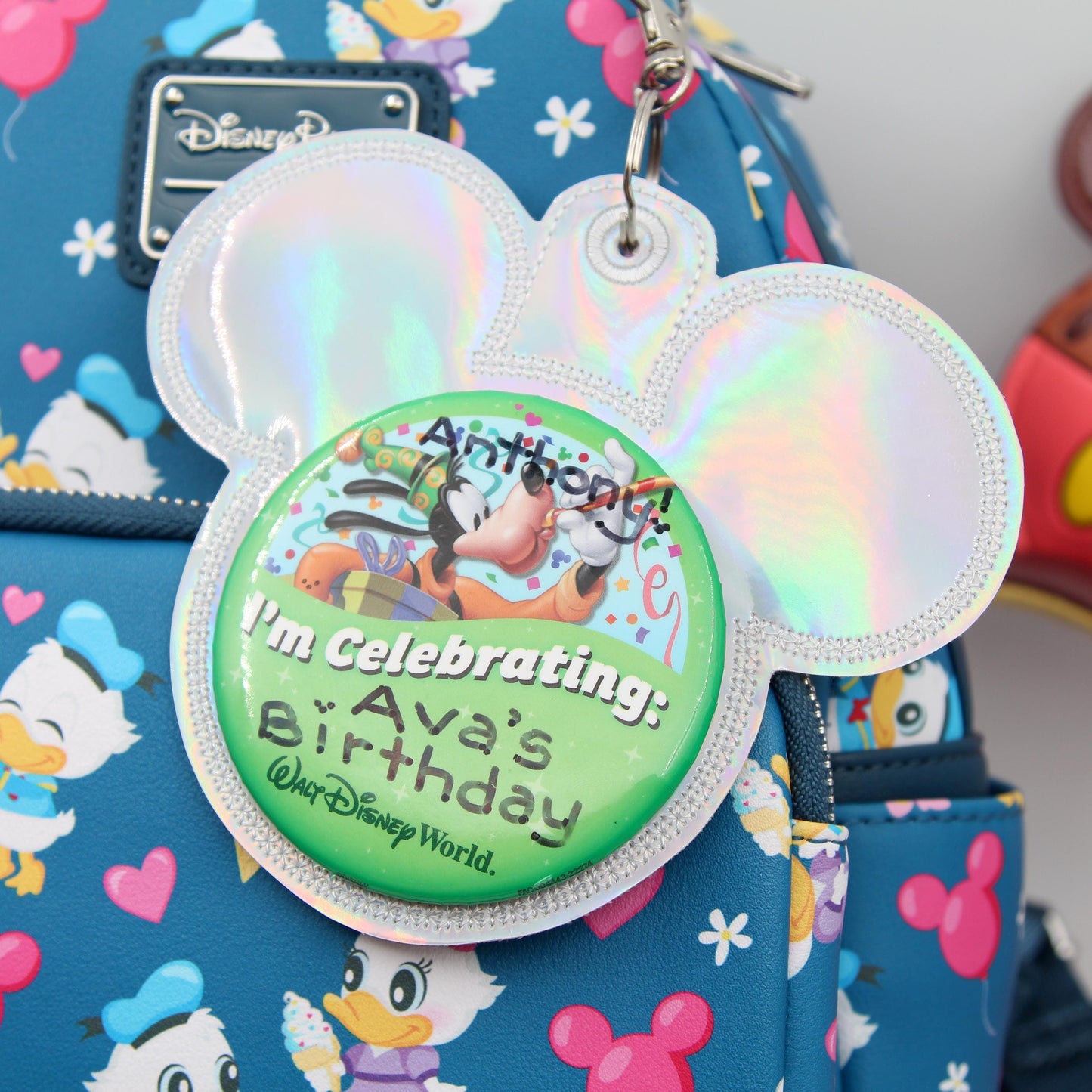 Silver Holographic Vinyl - Mouse Backer Keychain for 3” Celebration Buttons - Badge Holder - Backpack Charm - Theme Park Accessory