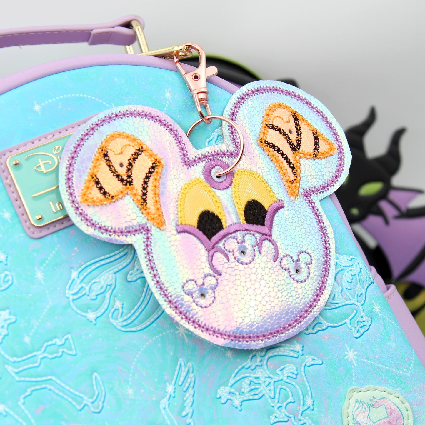 Iridescent Dragon Figment-Inspired Pin Trading Keychain β Handmade Embroidered Pin Holder with Cork Backing for Enamel Pins - Theme Park Pin