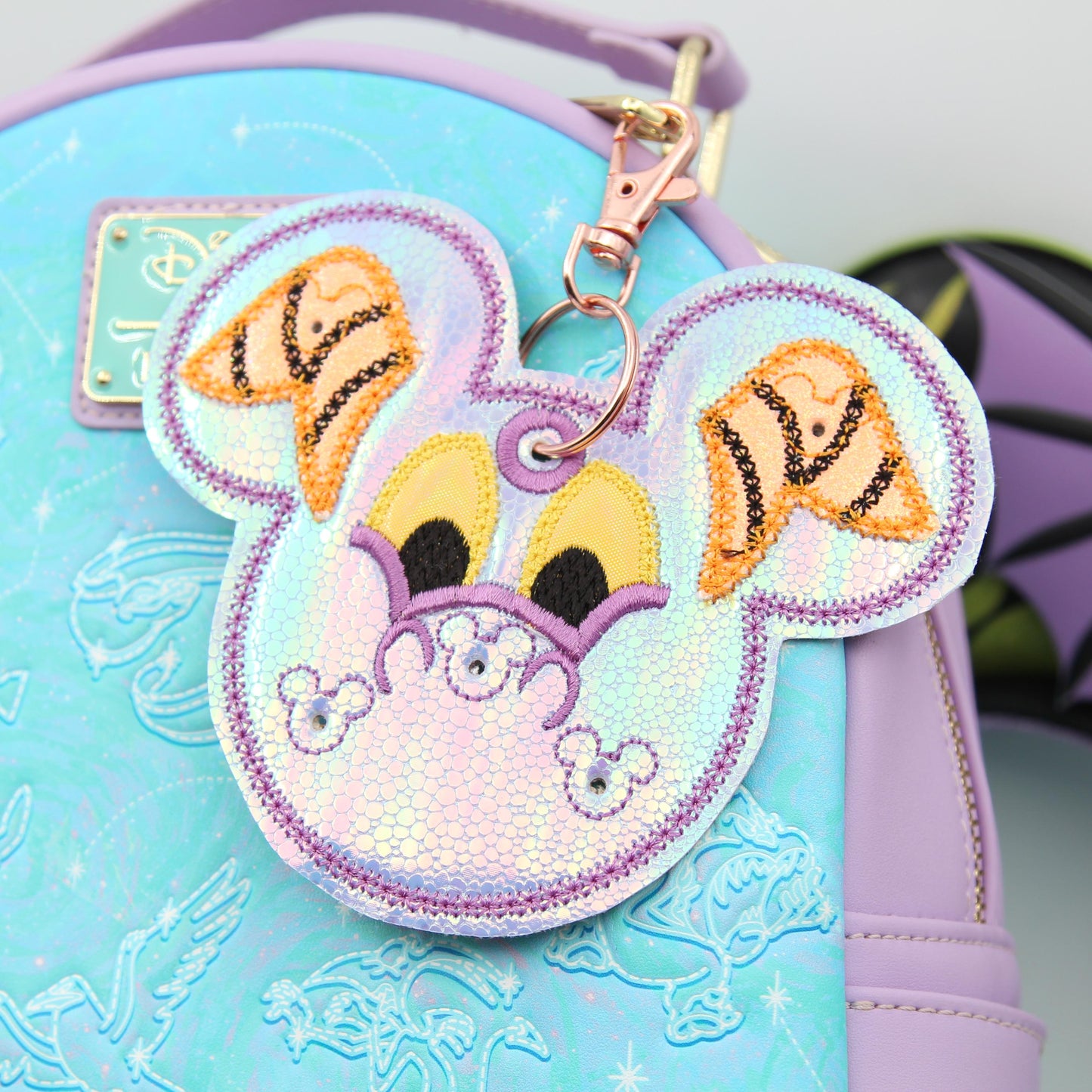 Iridescent Dragon Figment-Inspired Pin Trading Keychain β Handmade Embroidered Pin Holder with Cork Backing for Enamel Pins - Theme Park Pin