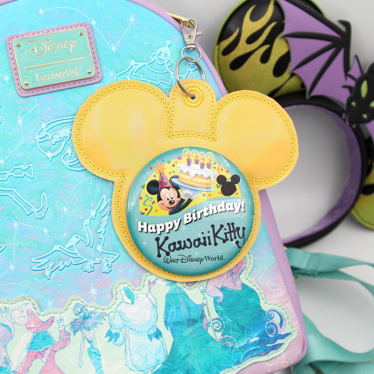 Yellow Rainbow Holographic Vinyl - Mouse Backer Keychain for 3” Celebration Buttons - Badge Holder - Backpack Charm - Theme Park Accessory