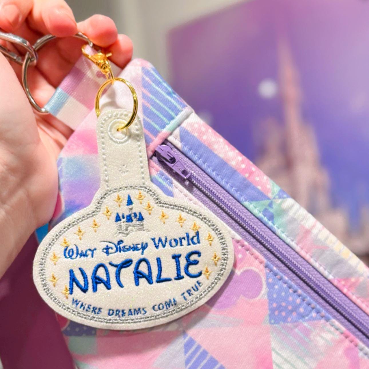 Personalized Cast Member Keychain – Cast Member Name Tag, Sparkly Glitter Vinyl, Magical Name Tag Keychain, Park Bag Accessory, Theme Park - Purse Charm