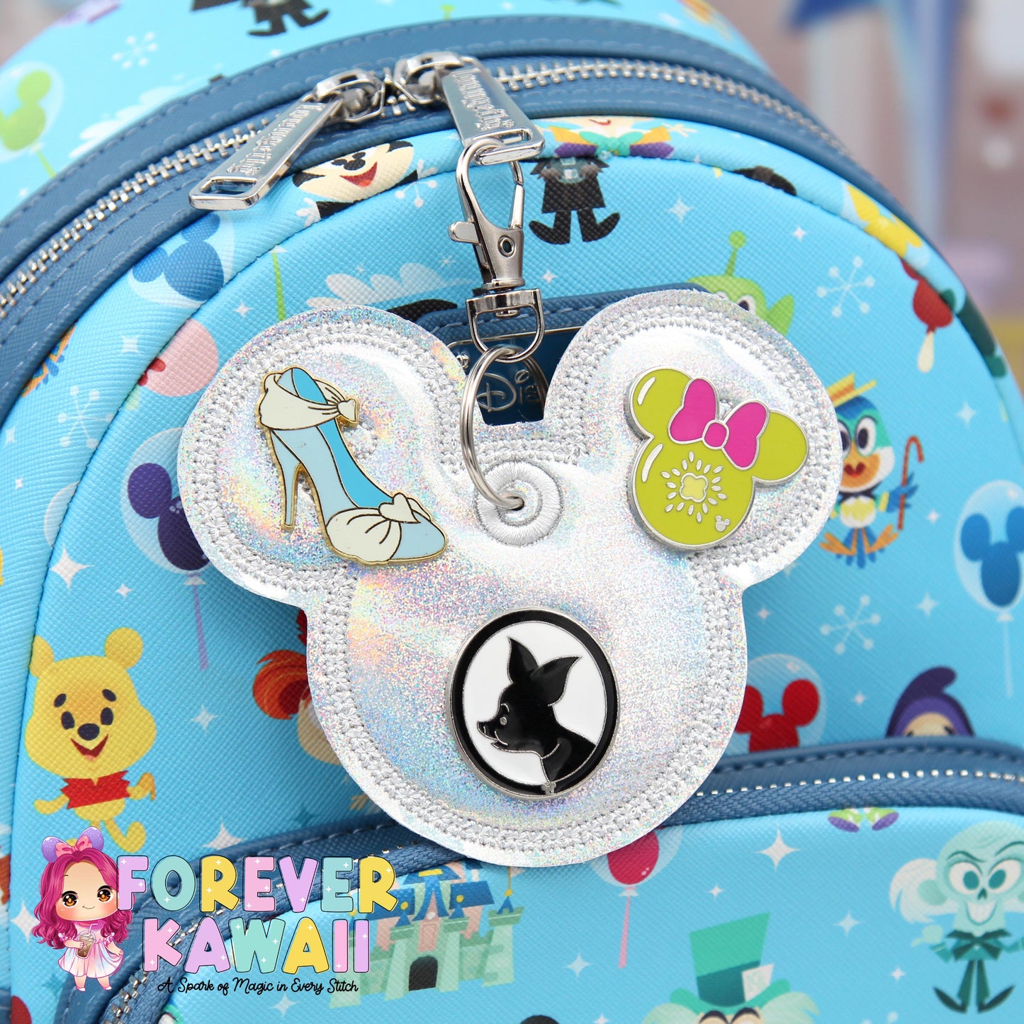 Iridescent Rainbow Holographic Pin Trading Keychain – Embroidered Pin Holder with Cork Backing for Enamel Pins - Theme Park Pin Trading