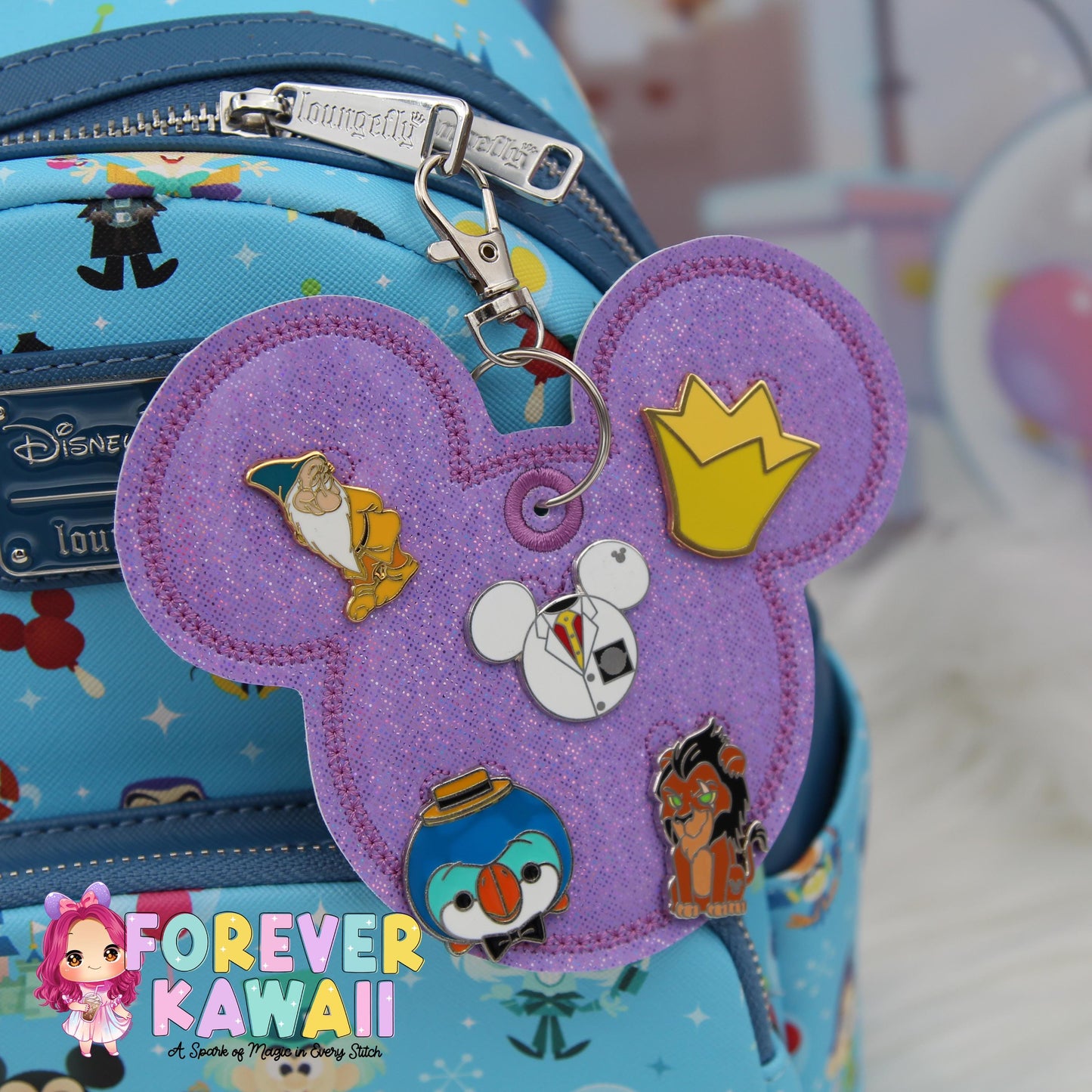 Purple Iridescent Sparkles Pin Trading Keychain – Embroidered Pin Holder with Cork Backing for Enamel Pins - Theme Park Pin Trading