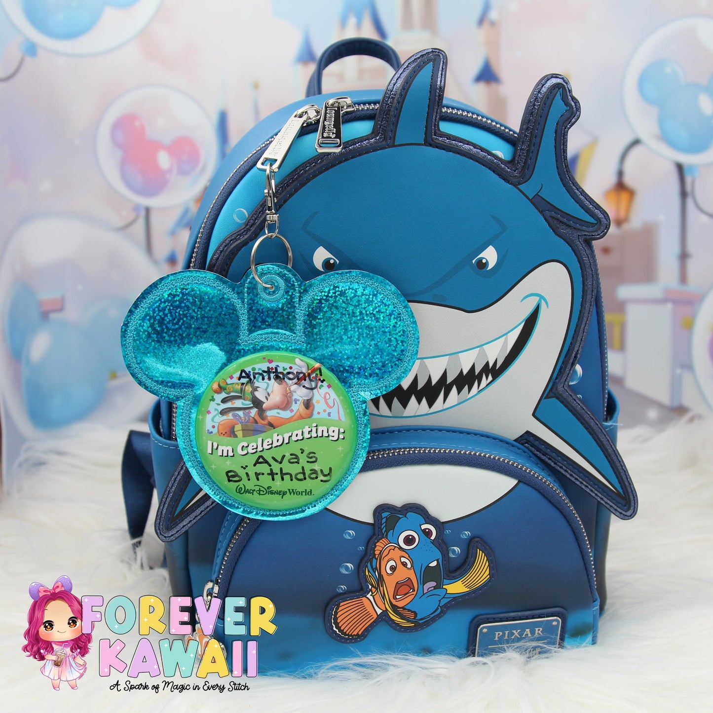 Aqua Holographic Mouse Backer Keychain for 3” Celebration Buttons - Embroidered Badge Holder - Backpack Charm - Theme Park Accessory