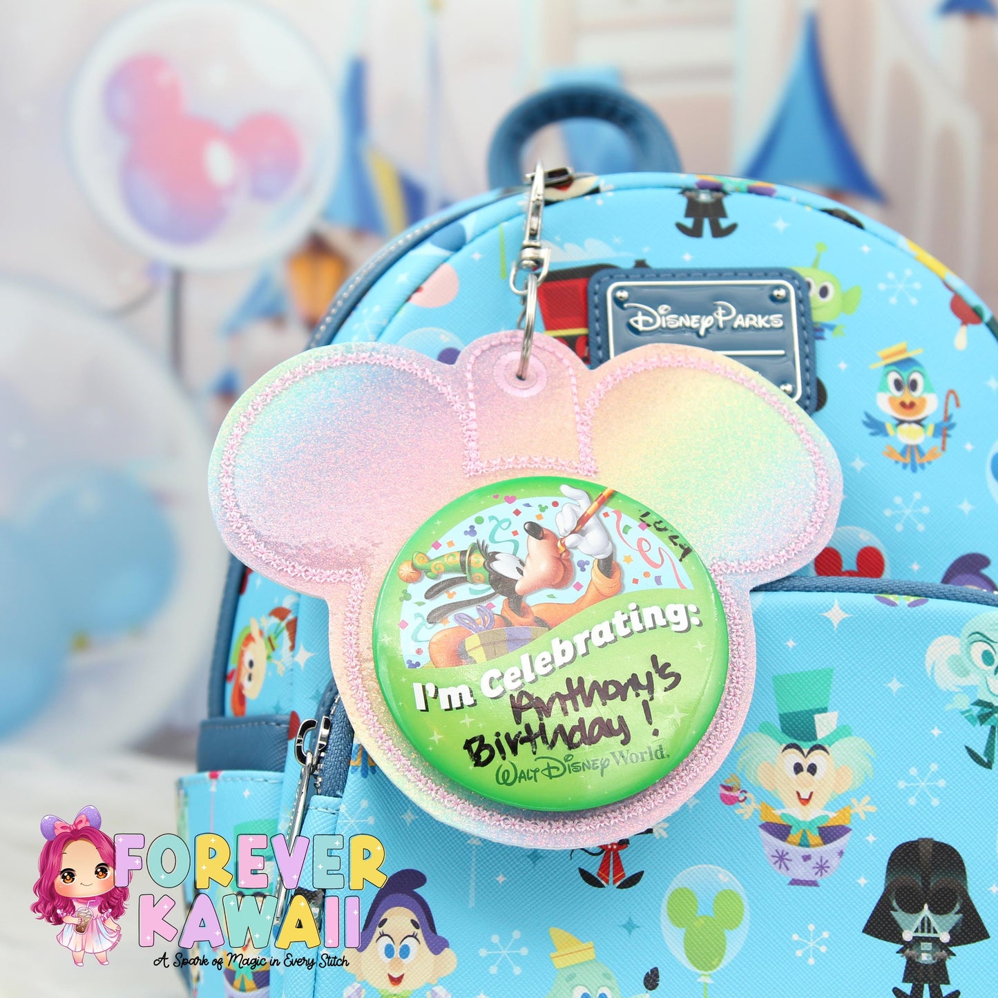 Pastel Rainbow Glitter Mouse Backer Keychain for 3” Celebration Buttons - Embroidered Badge Holder - Backpack Charm - Theme Park Accessory