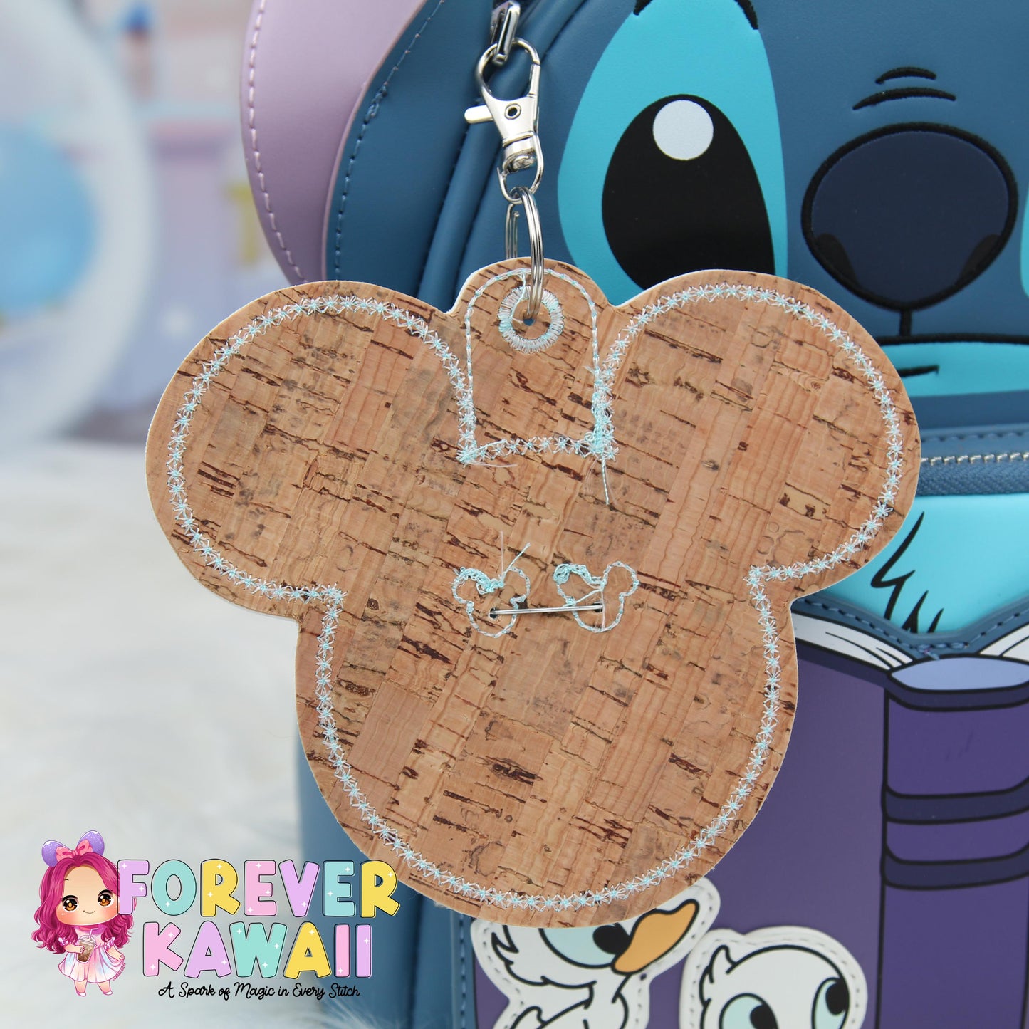 Light Blue Glitter Mouse Backer Keychain for 3” Celebration Buttons - Embroidered Badge Holder - Backpack Charm - Theme Park Accessory