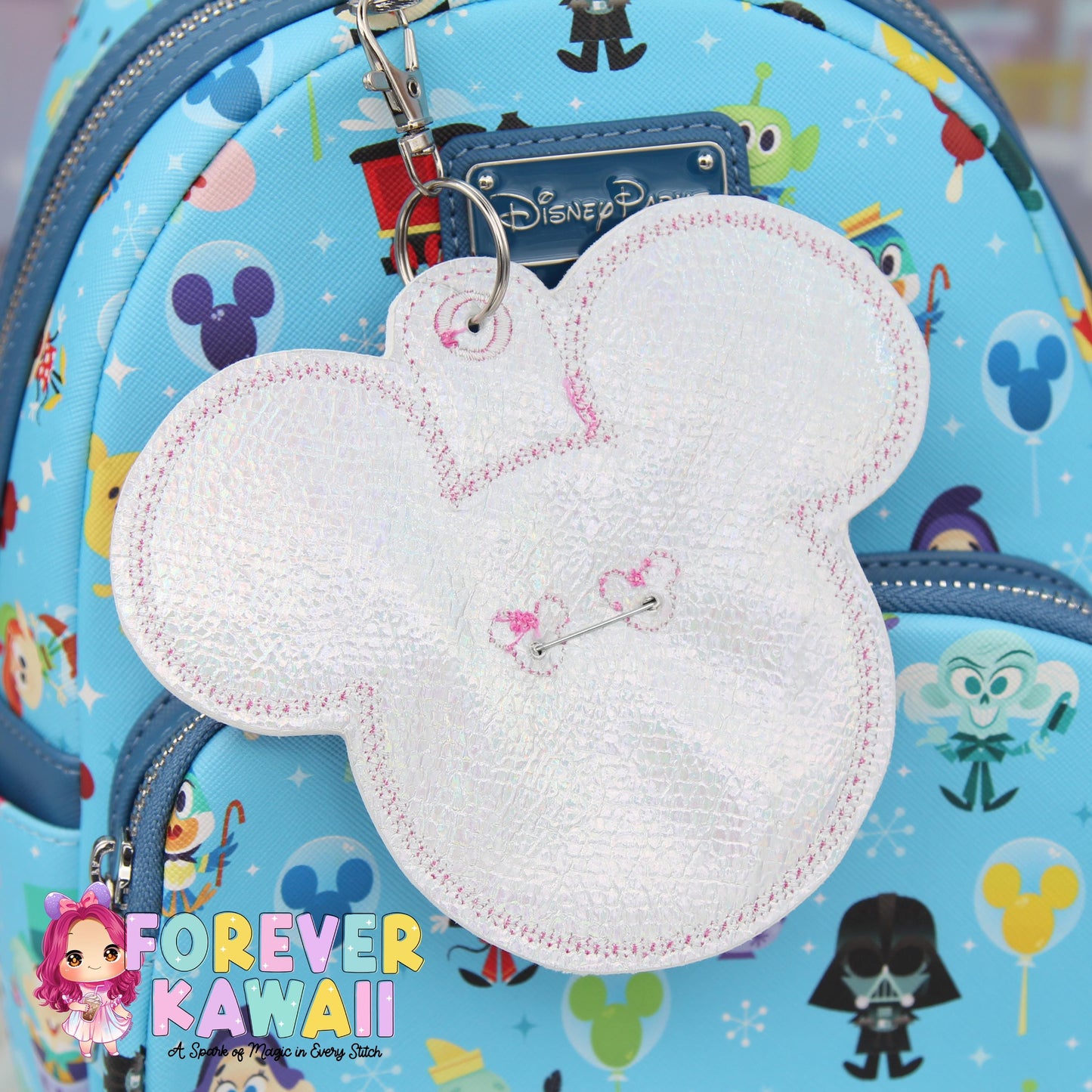 Hot Pink Glitter Vinyl - Mouse Backer Keychain for 3” Celebration Buttons - Embroidered Badge Holder - Backpack Charm - Theme Park Accessory