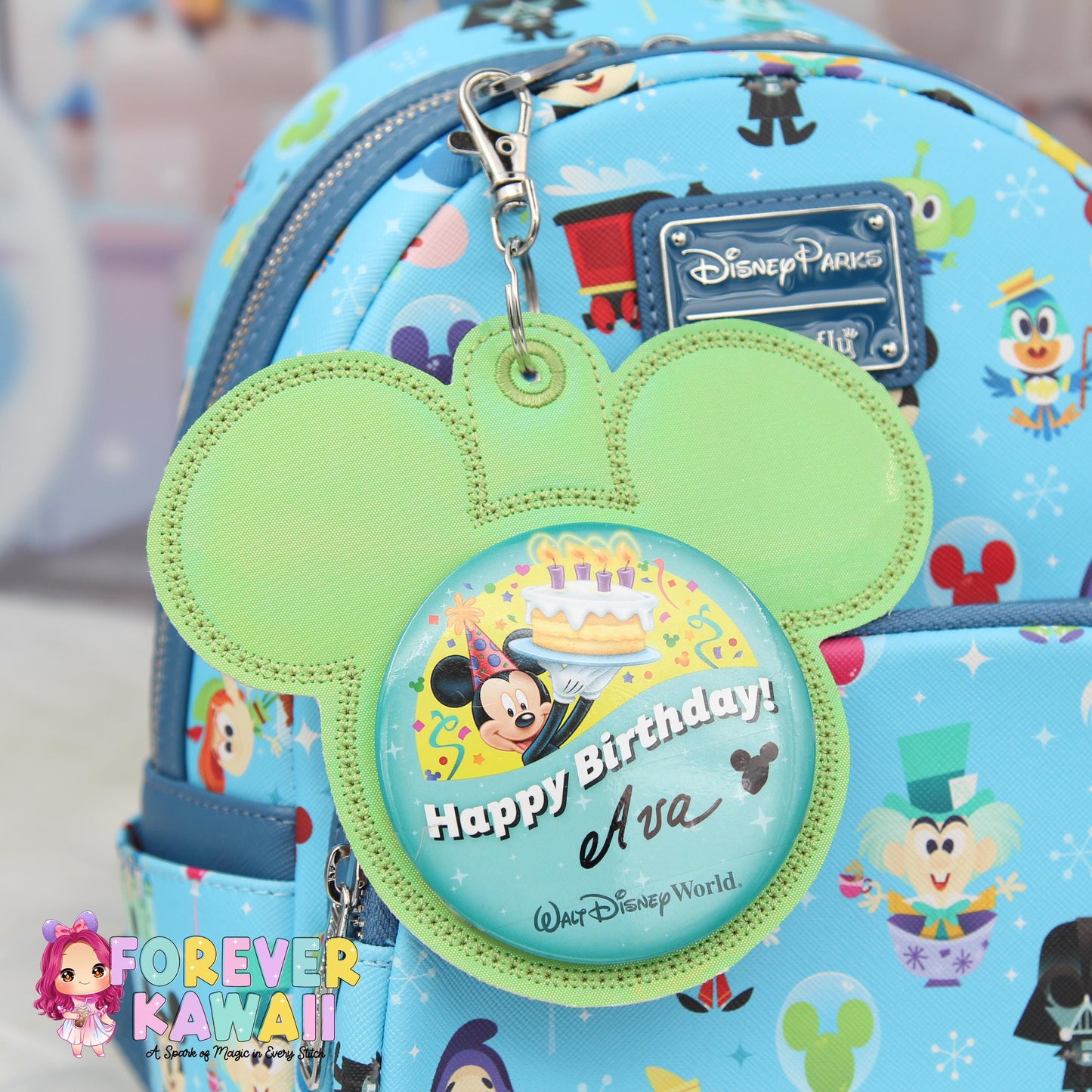 Green Holographic Mouse Backer Keychain for 3” Celebration Buttons - Embroidered Badge Holder - Backpack Charm - Theme Park Accessory