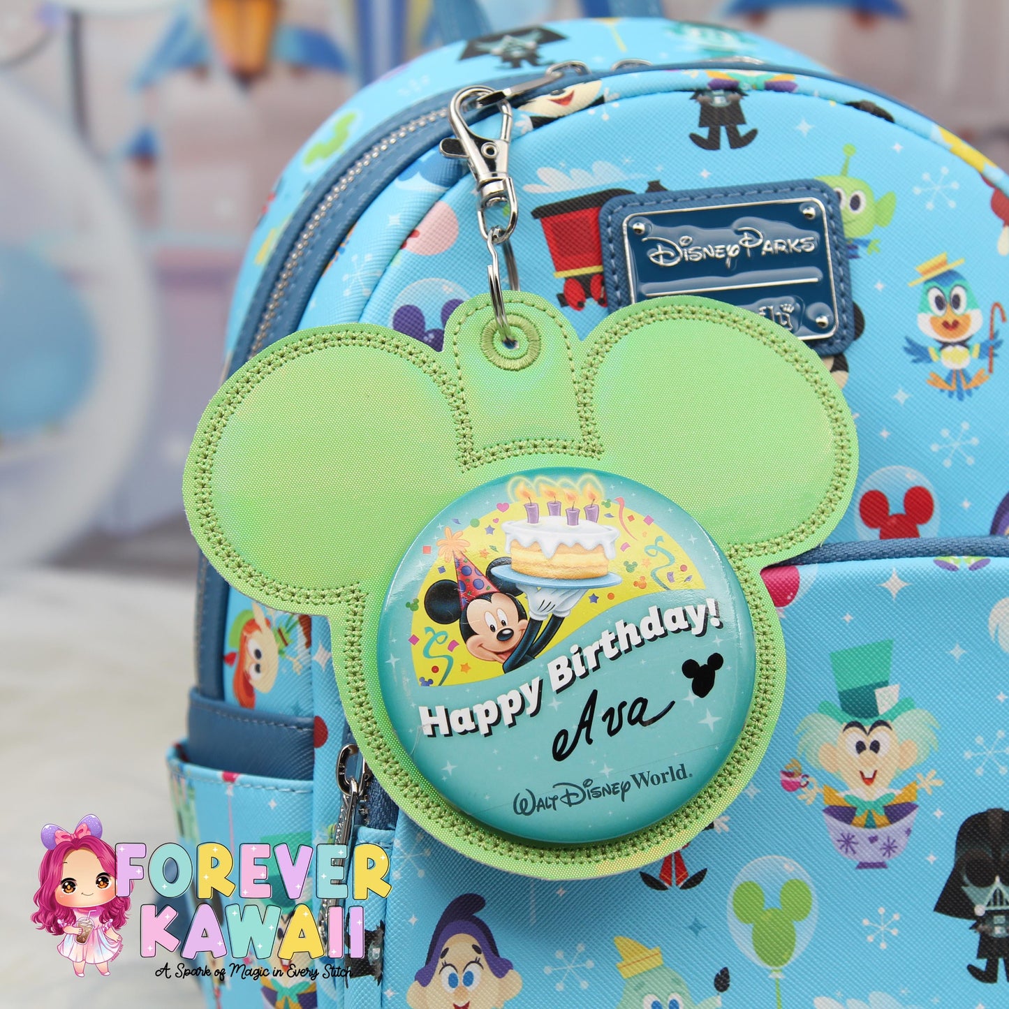 Green Holographic Mouse Backer Keychain for 3” Celebration Buttons - Embroidered Badge Holder - Backpack Charm - Theme Park Accessory