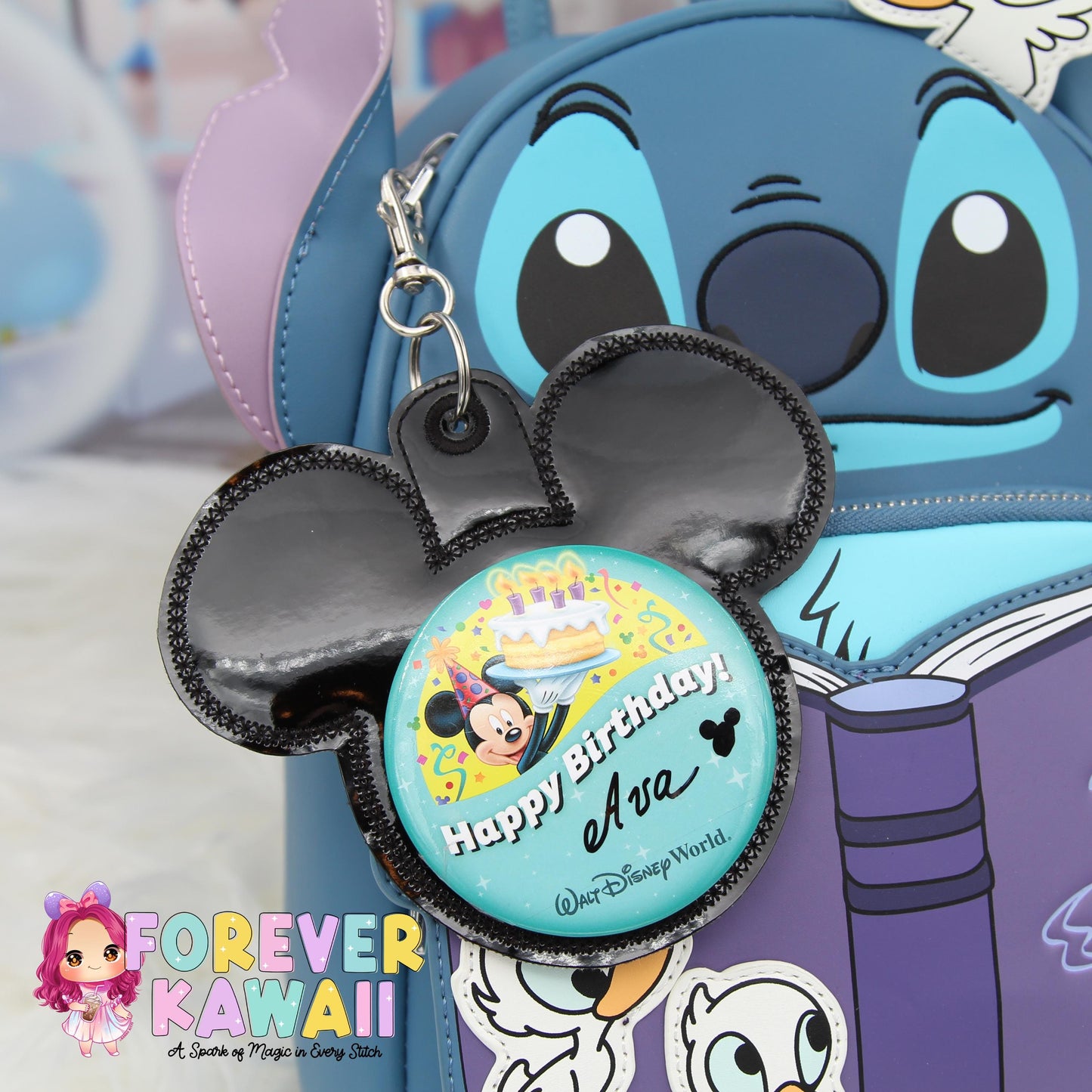 Black High Gloss Mouse Backer Keychain for 3” Celebration Buttons - Embroidered Badge Holder - Backpack Charm - Theme Park Accessory