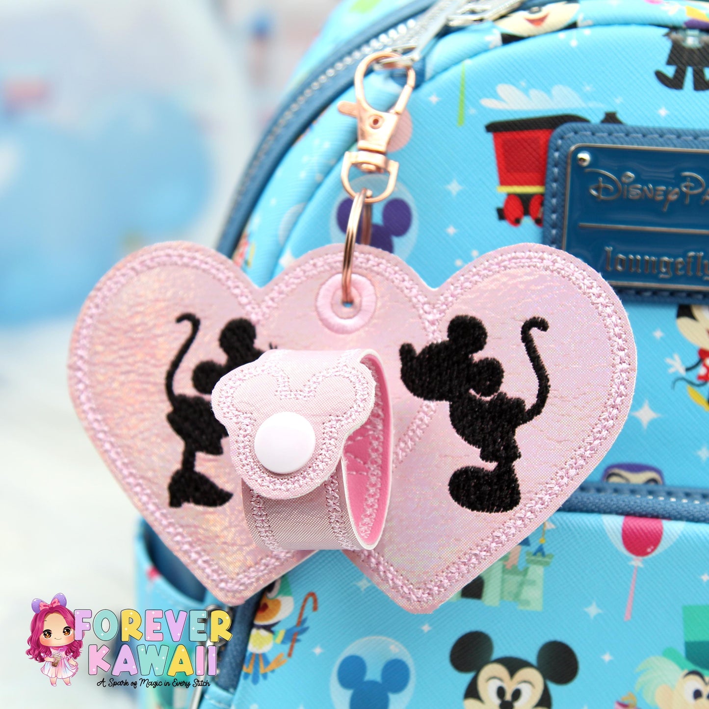 Pink Holographic Double Heart Park Ears Holder – Bridal Mouse Ears Clip, Park Ears Holder, Hat, Sunglasses, Wedding Ears Holder