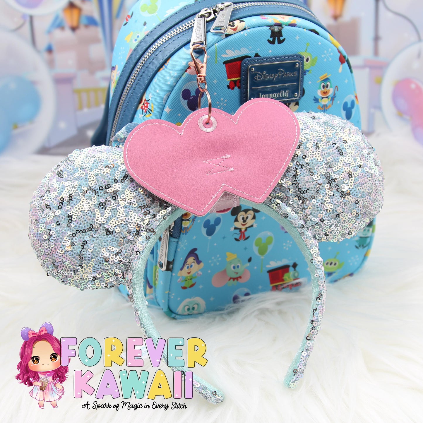 Pink Holographic Double Heart Park Ears Holder – Bridal Mouse Ears Clip, Park Ears Holder, Hat, Sunglasses, Wedding Ears Holder