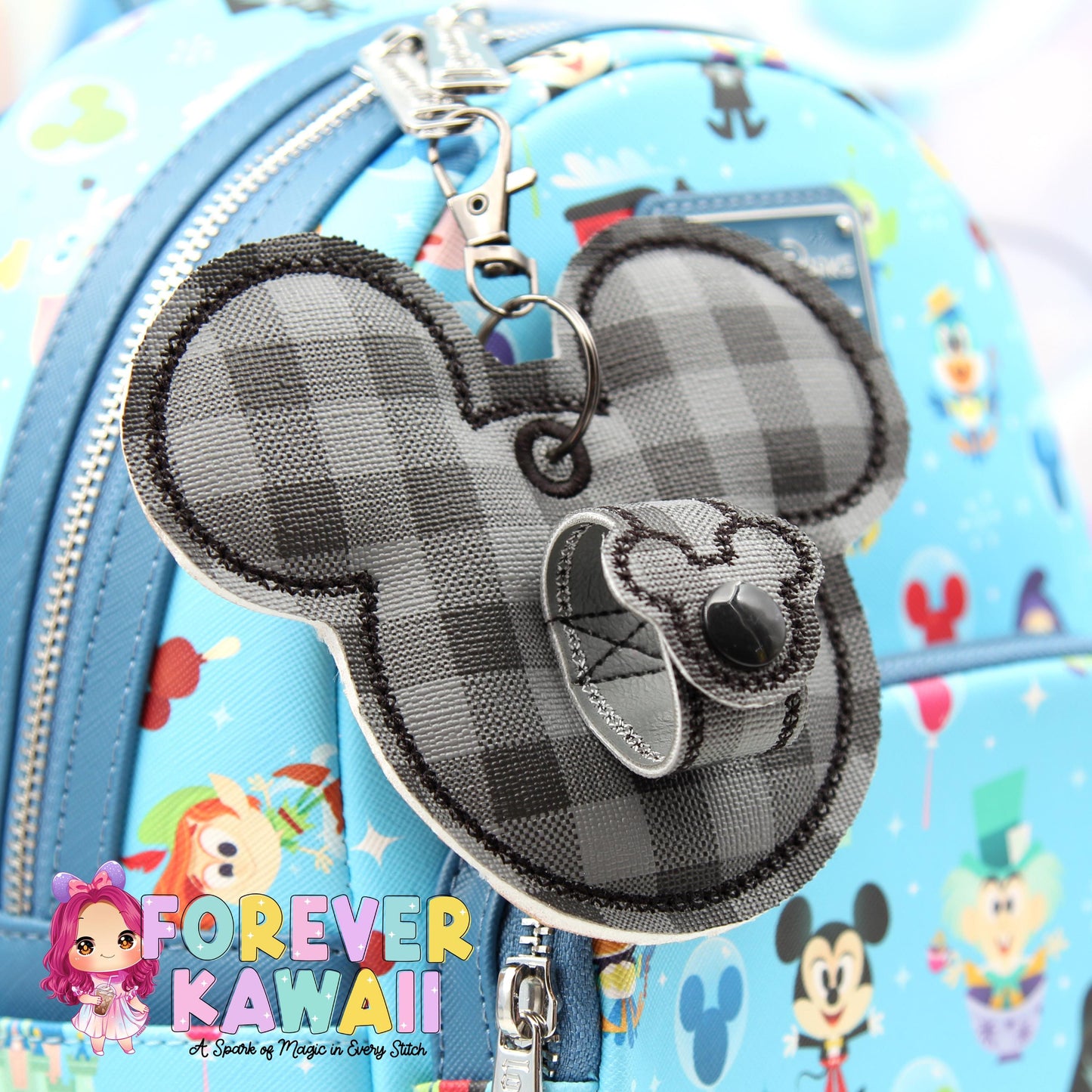 Black & Gray Checkered Puffy Mouse Ears Holder – Mouse Ears Clip, Mouse Ears Holder, Secure Your Park Ears, Hat, Sunglasses, Gift For Him