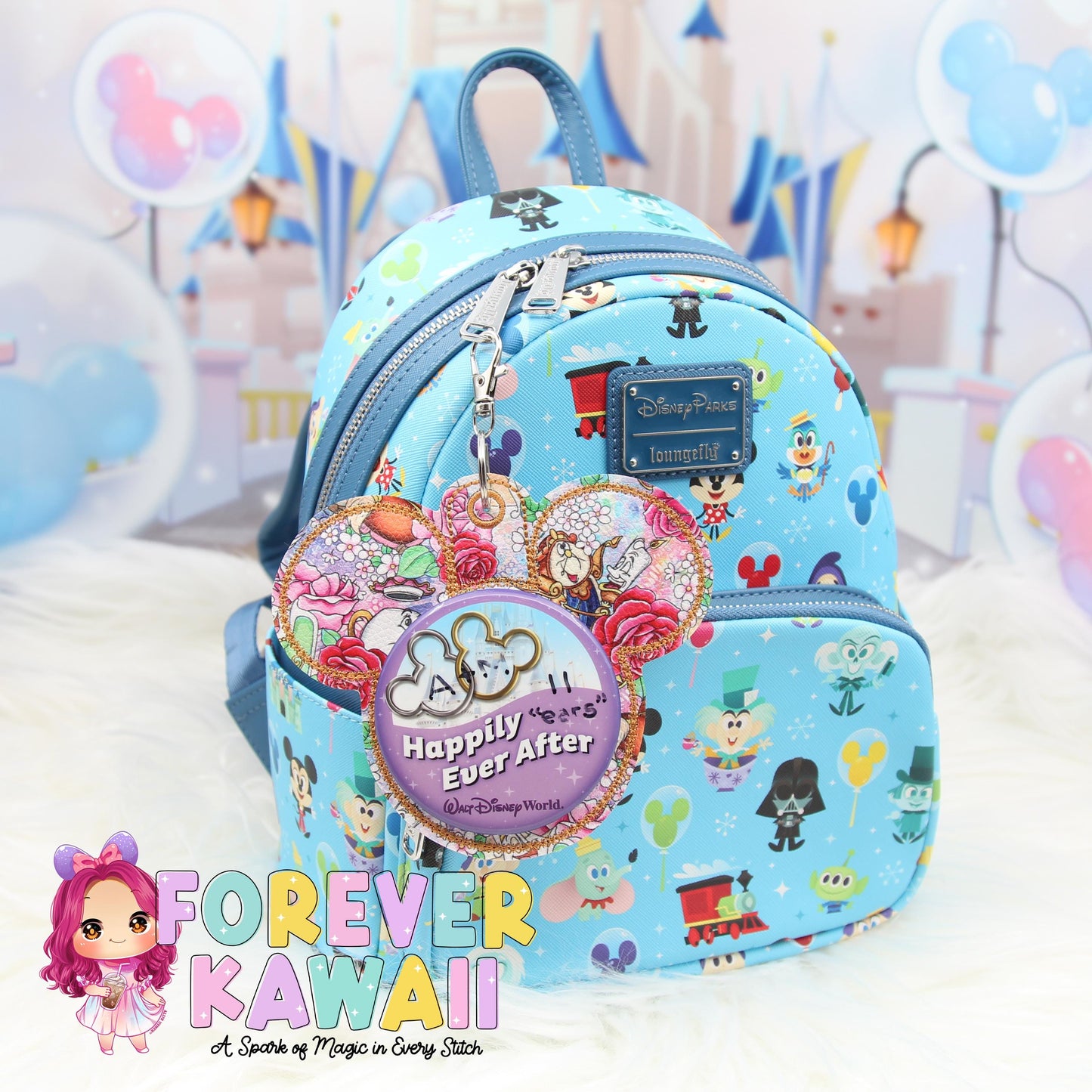 Enchanted Castle Friends Mouse Backer Keychain for 3” Celebration Buttons - Embroidered Badge Holder - Backpack Charm - Theme Park Accessory