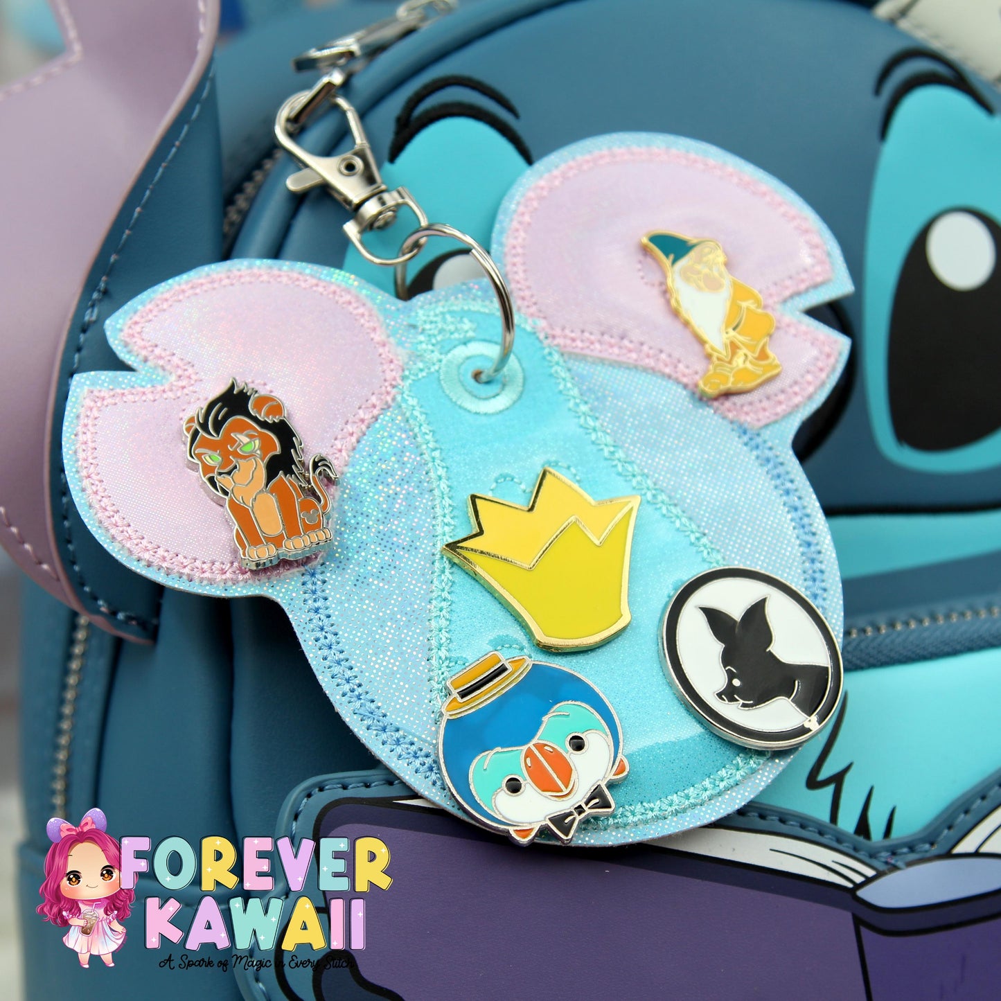 Blue Island Alien Holographic Pin Trading Keychain – Embroidered Pin Holder with Cork Backing for Enamel Pins - Theme Park Pin Trading