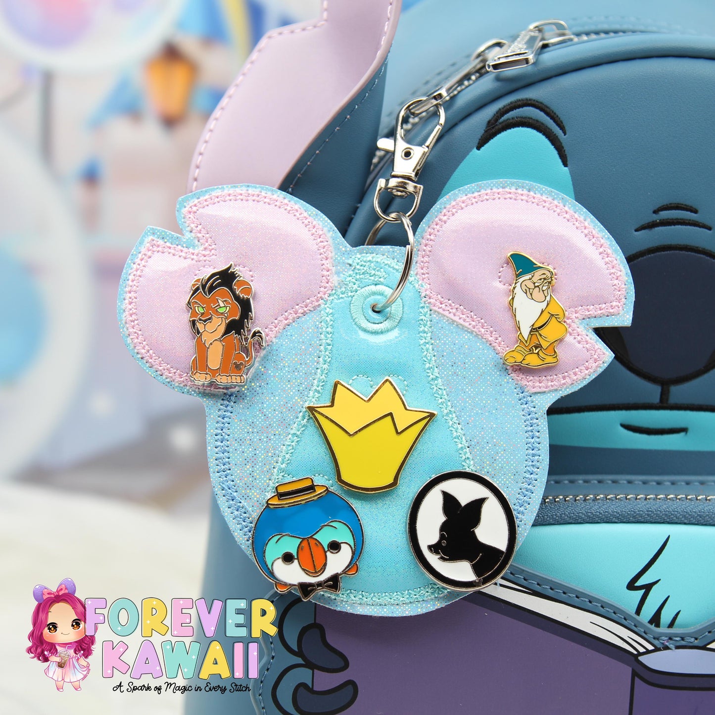 Blue Island Alien Holographic Pin Trading Keychain – Embroidered Pin Holder with Cork Backing for Enamel Pins - Theme Park Pin Trading
