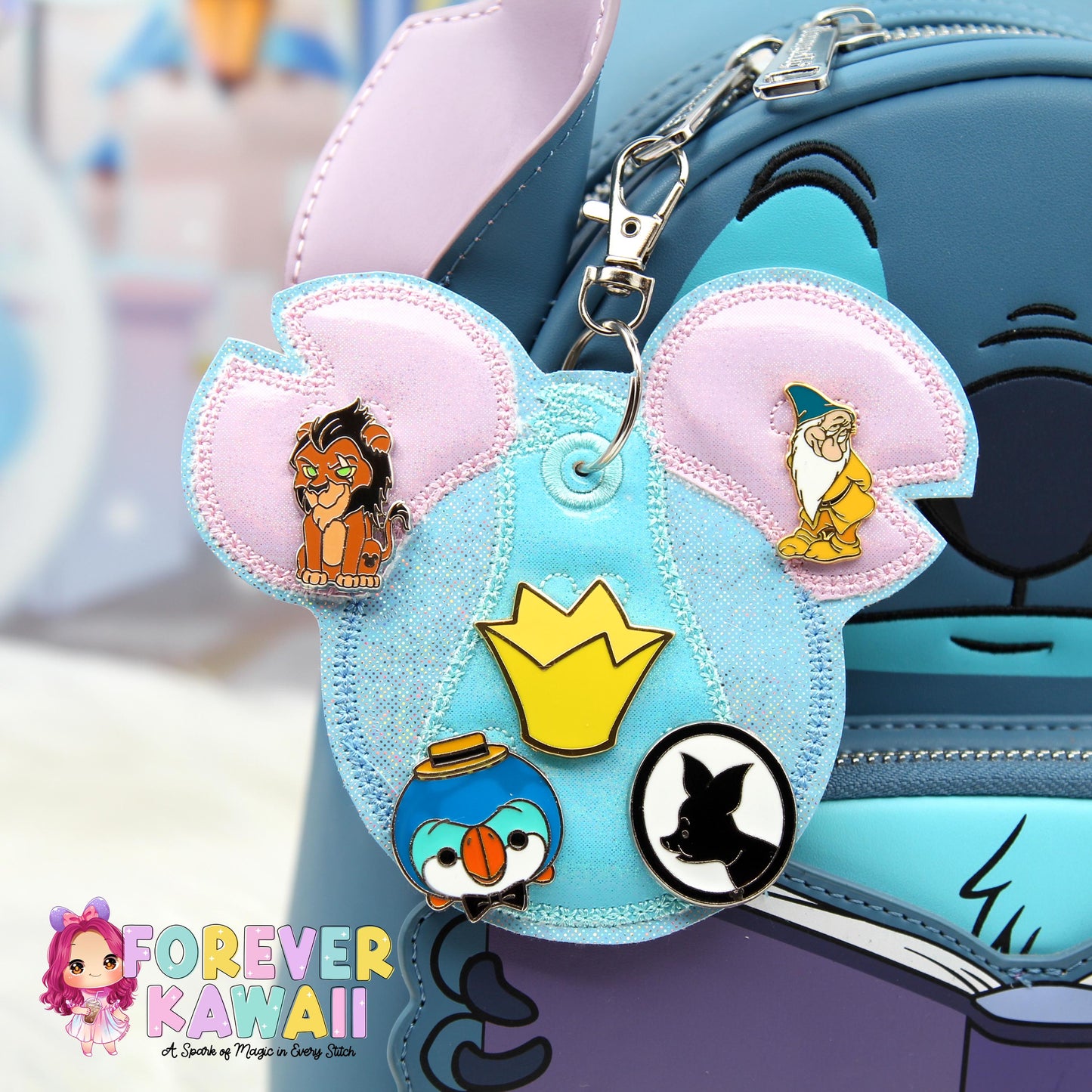 Blue Island Alien Holographic Pin Trading Keychain – Embroidered Pin Holder with Cork Backing for Enamel Pins - Theme Park Pin Trading